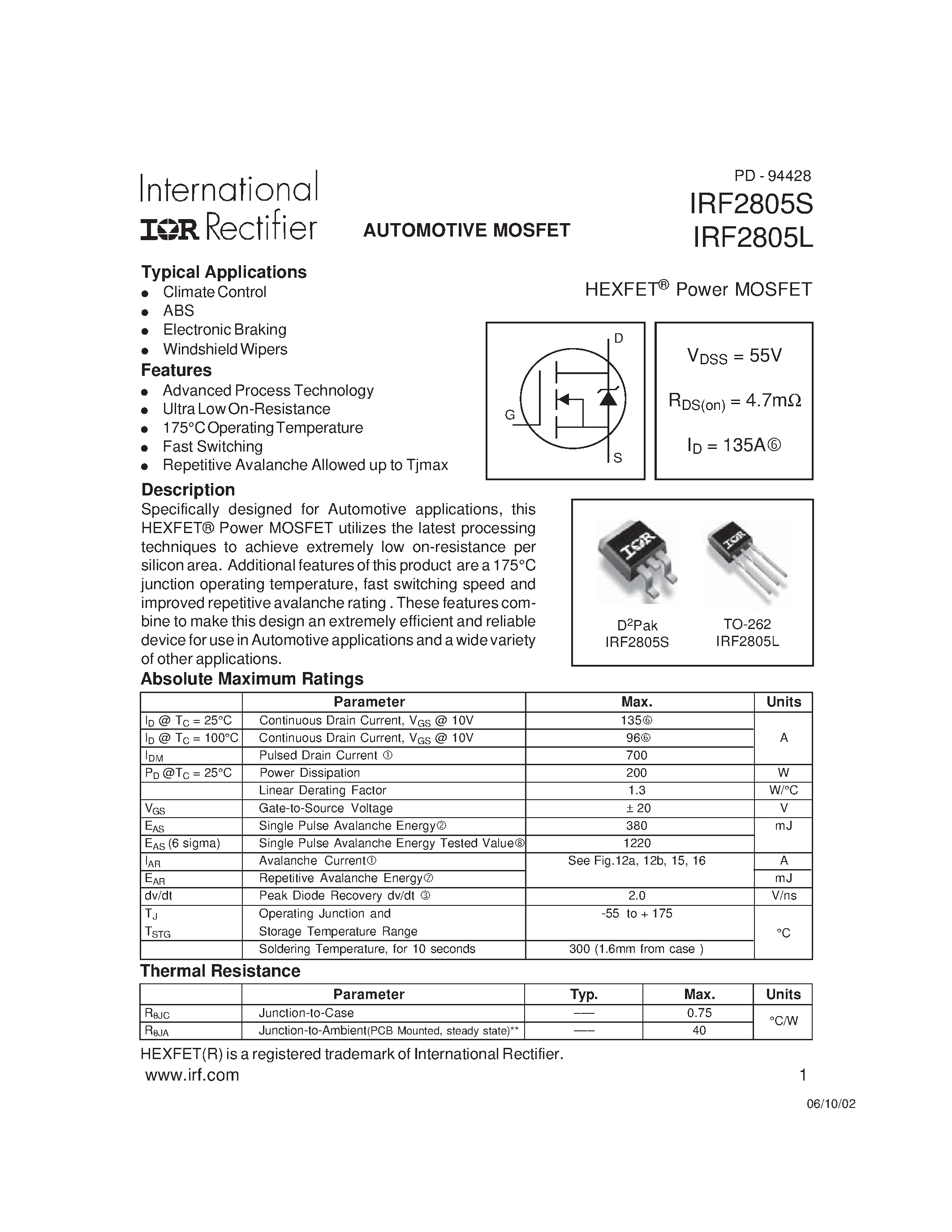 Datasheet IRF2805L - AUTOMOTIVE MOSFET page 1