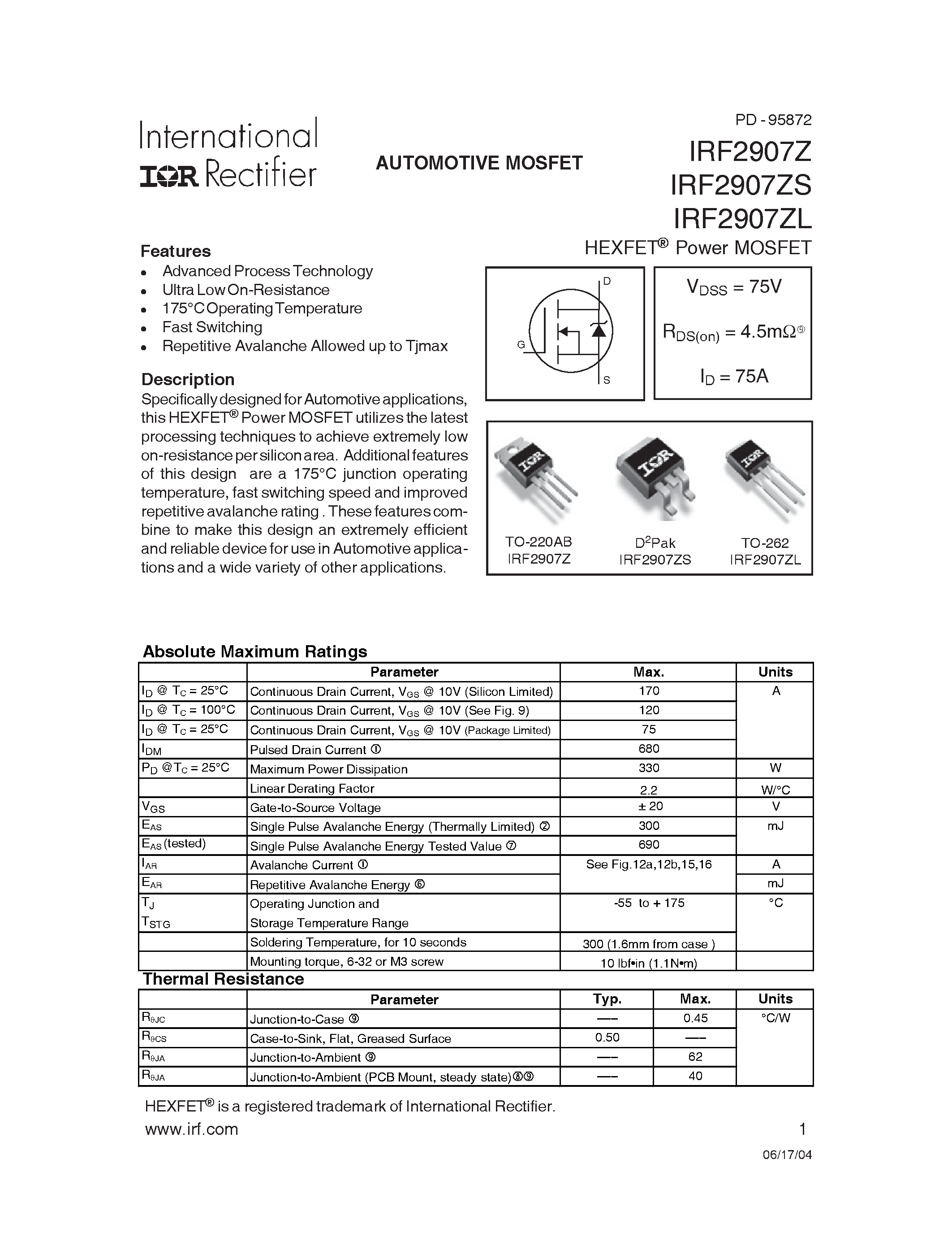 Datasheet IRF2907Z - AUTOMOTIVE MOSFET page 1