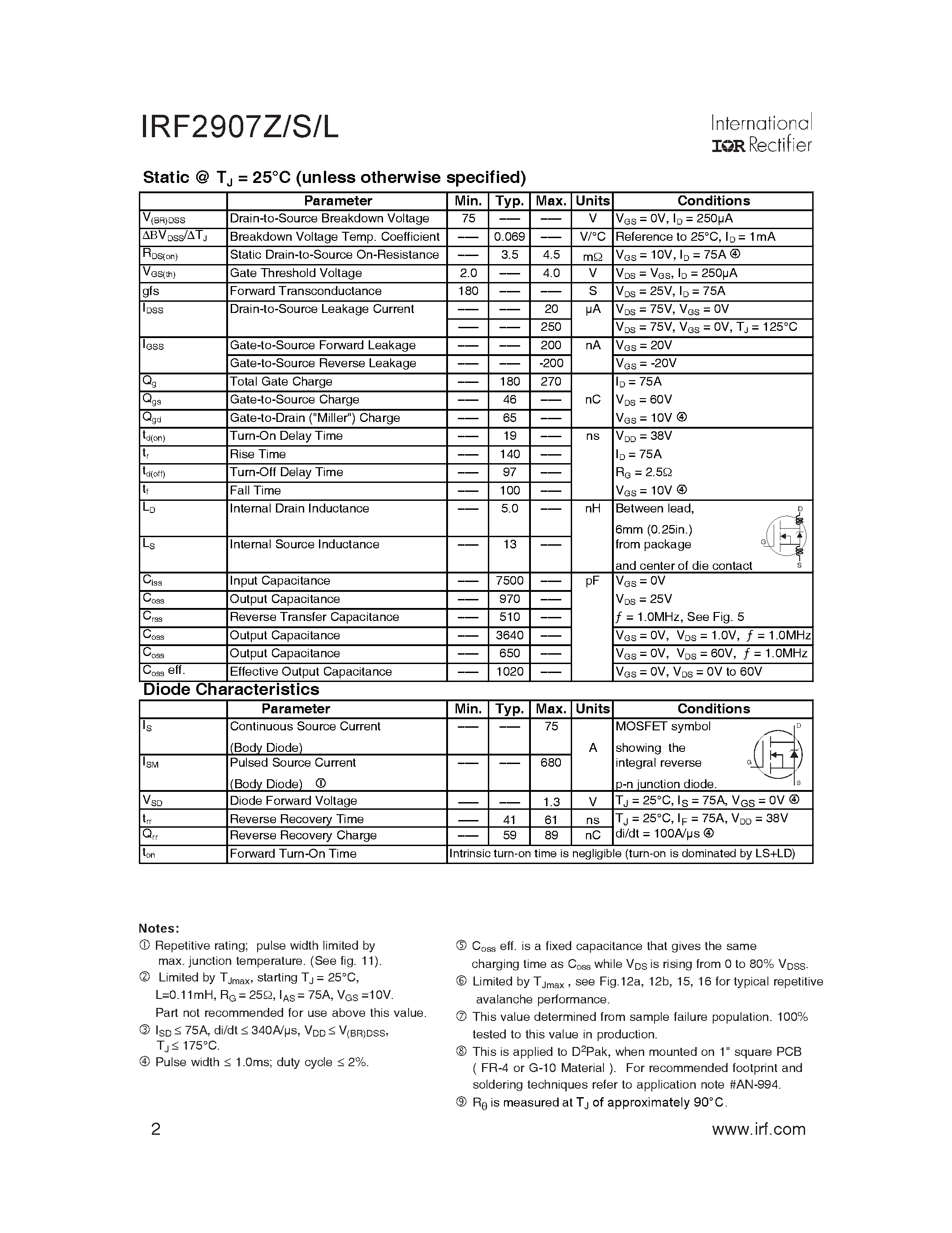 Datasheet IRF2907ZL - AUTOMOTIVE MOSFET page 2