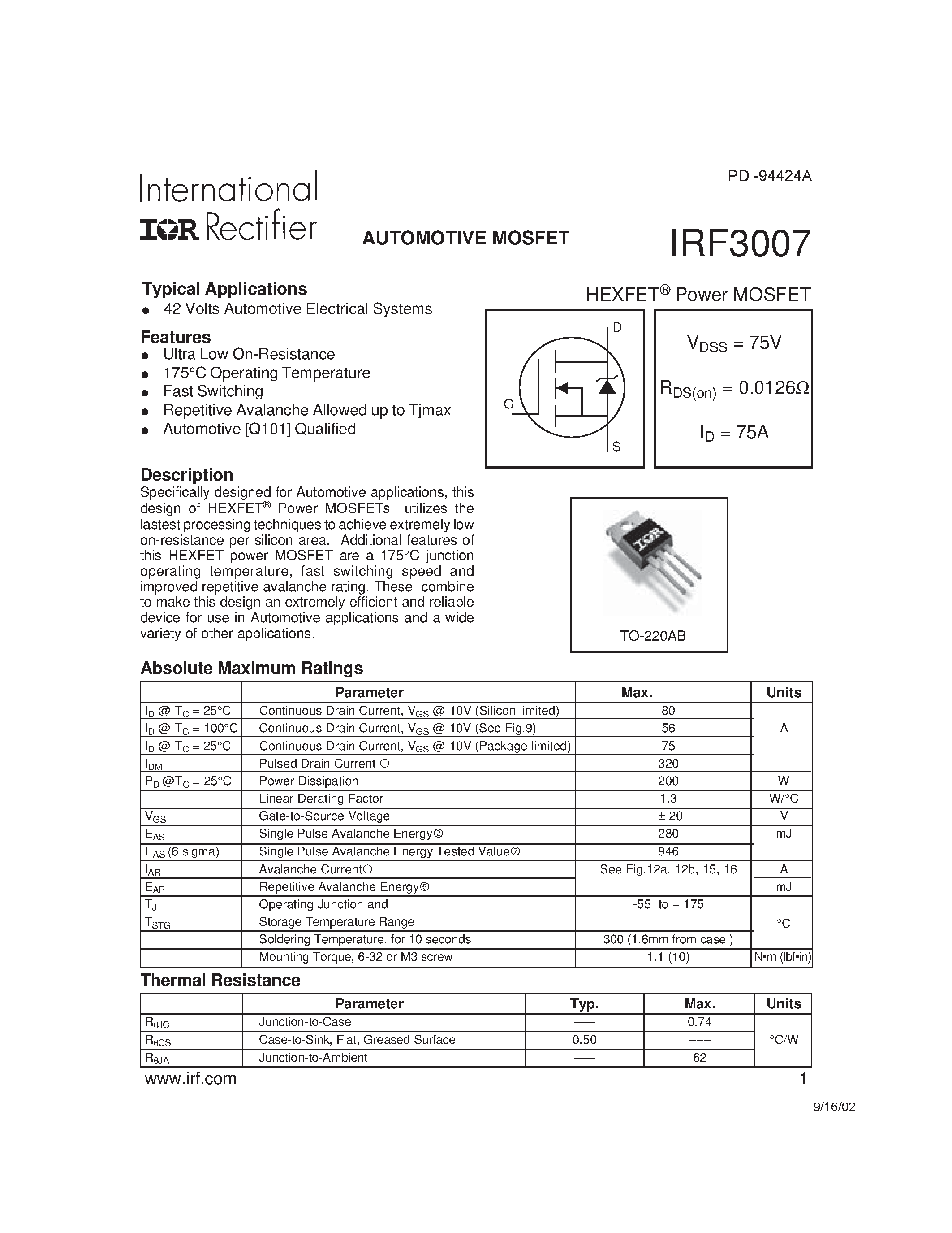 Datasheet IRF3007 - AUTOMOTIVE MOSFET page 1