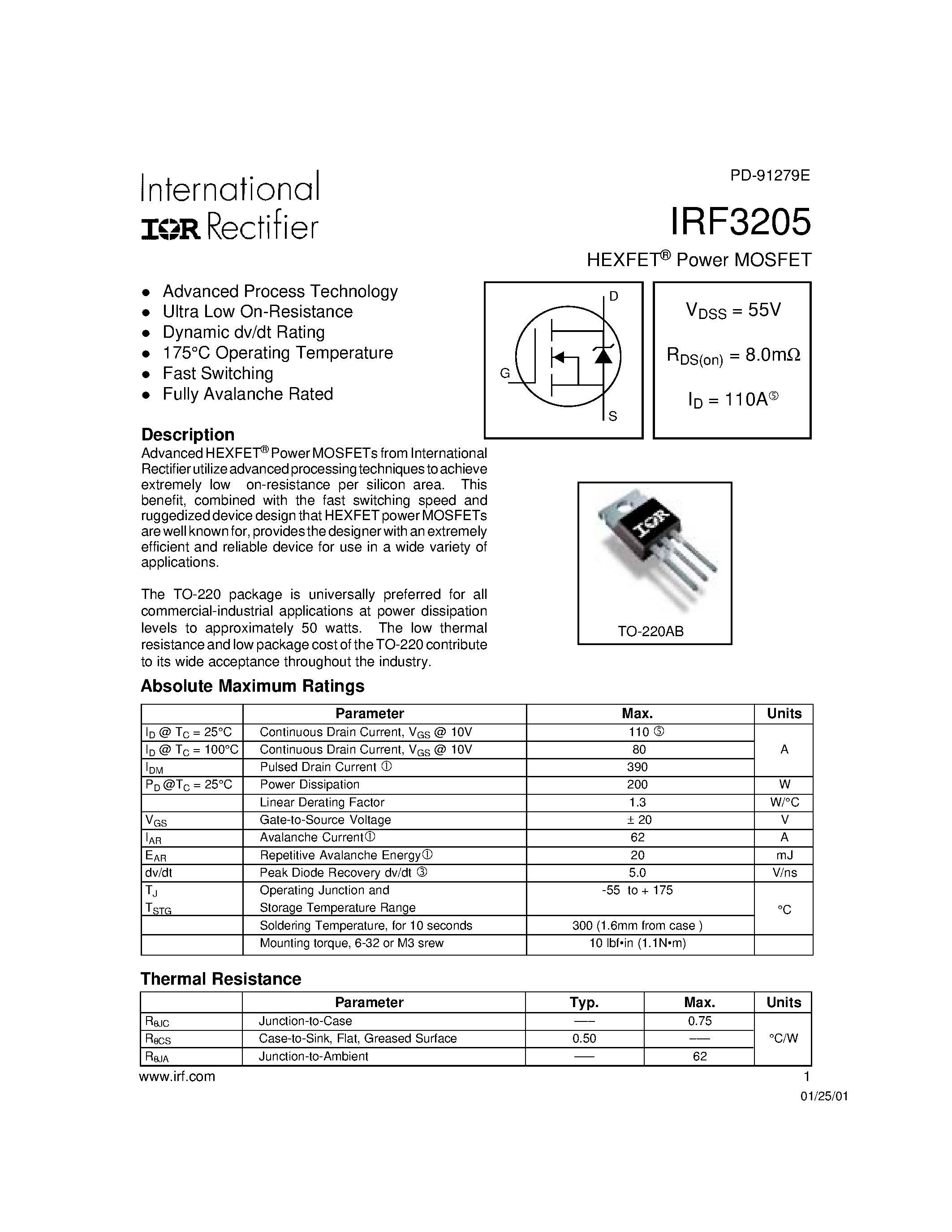 Datasheet IRF3205 - Power MOSFET(Vdss=55V/ Rds(on)=8.0mohm/ Id=110A) page 1