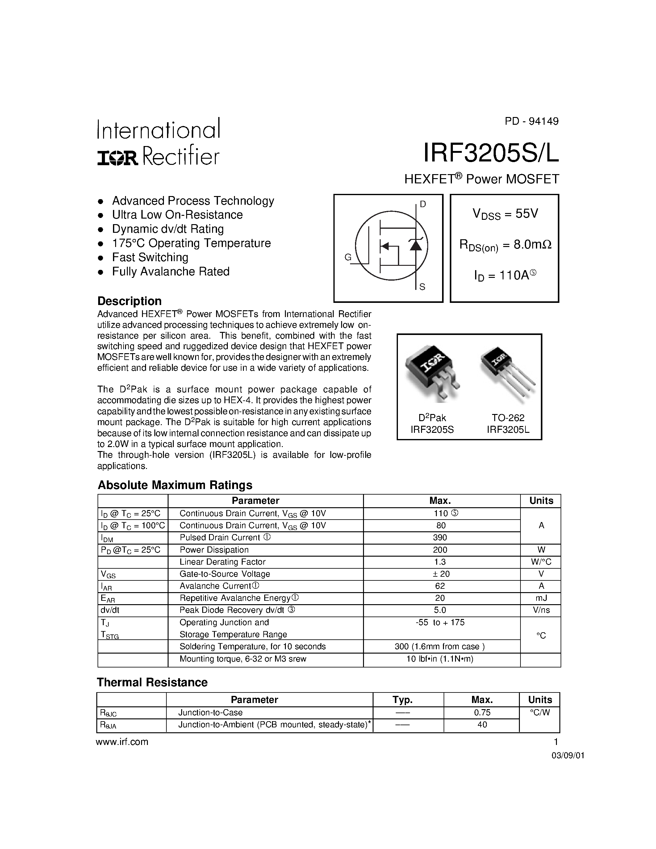 Datasheet IRF3205S - Power MOSFET(Vdss=55V/ Rds(on)=8.0mohm/ Id=110A) page 1