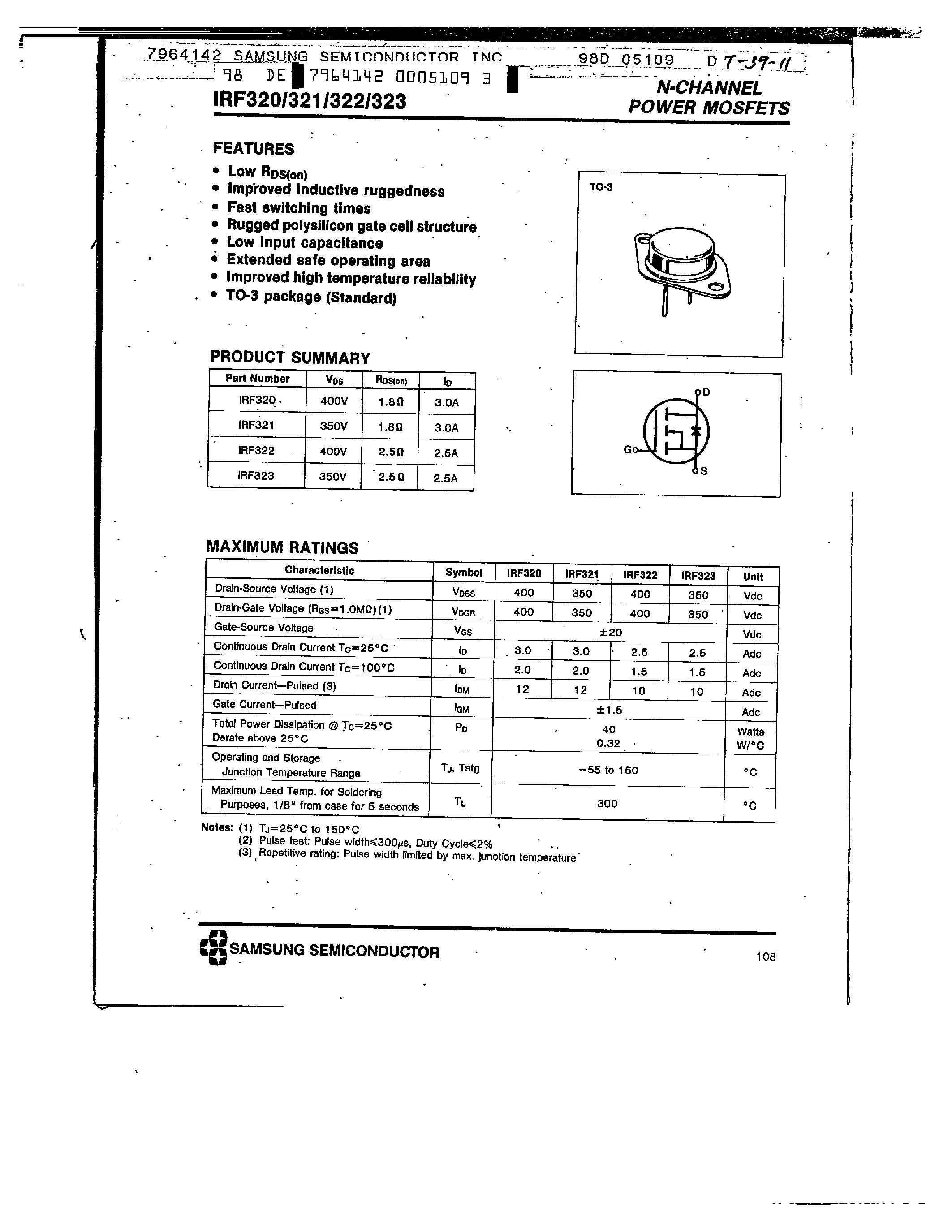Datasheet IRF321 - N-CHANNEL POWER MOSFETS page 1