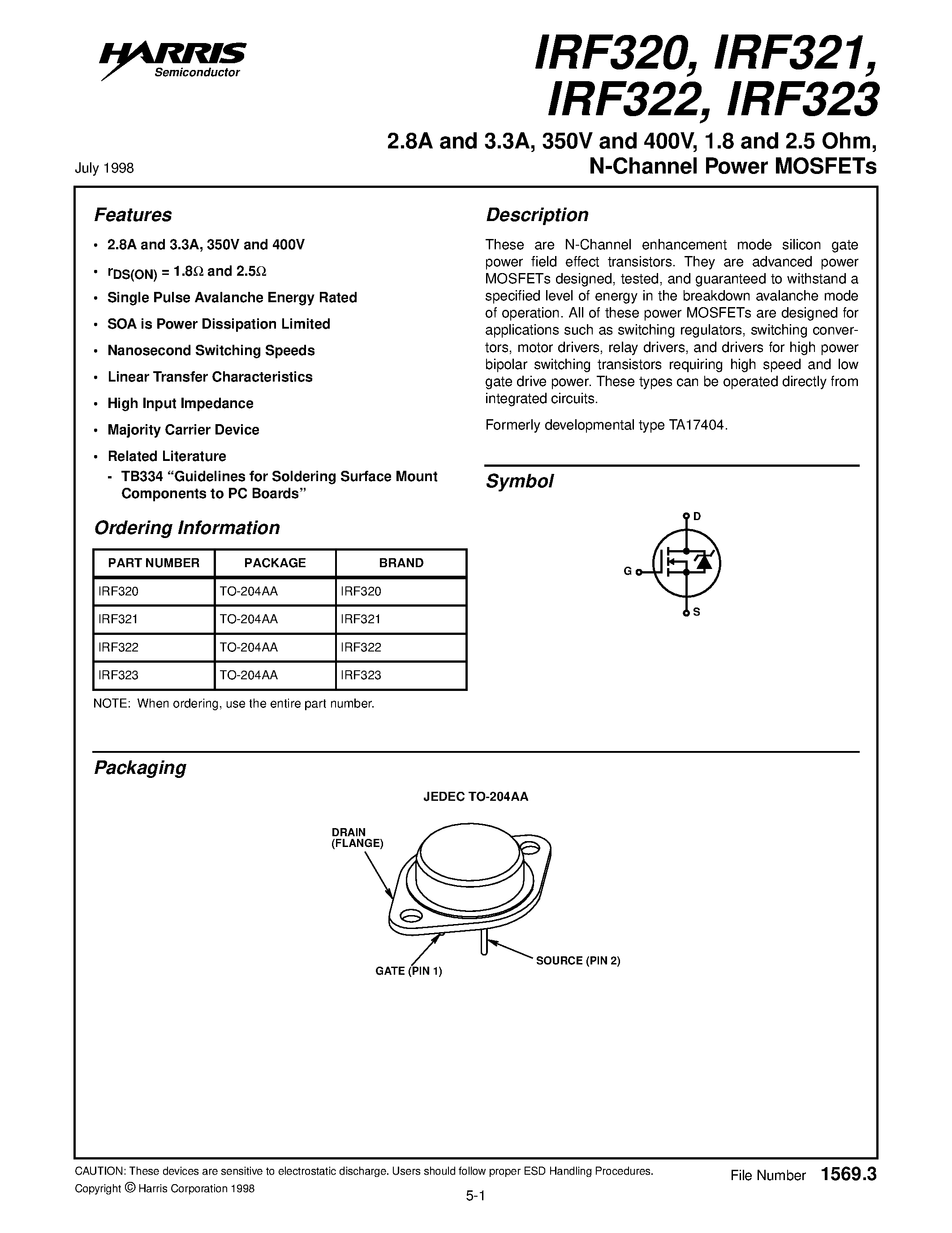 Datasheet IRF321 - 2.8A and 3.3A/ 350V and 400V/ 1.8 and 2.5 Ohm/ N-Channel Power MOSFETs page 1