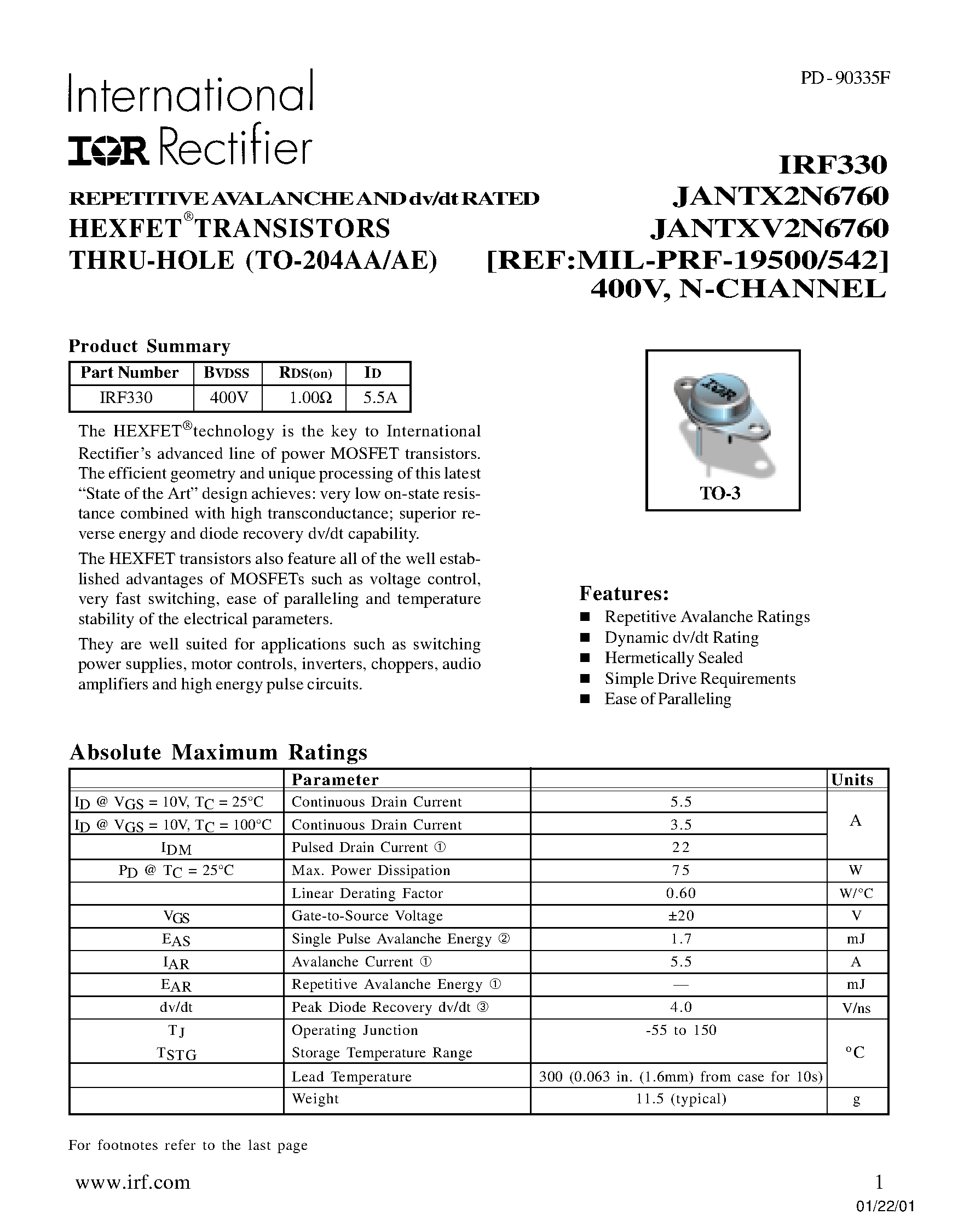 Datasheet IRF330 - TRANSISTORS N-CHANNEL(Vdss=400V/ Rds(on)=1.00ohm/ Id=5.5A) page 1