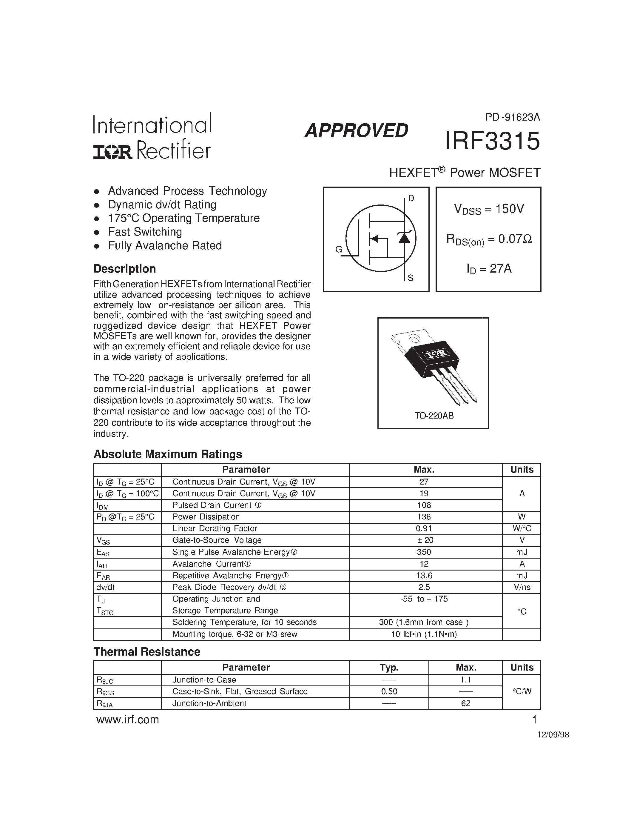 Datasheet IRF3315 - Power MOSFET(Vdss=150V/ Rds(on)=0.07ohm/ Id=27A) page 1