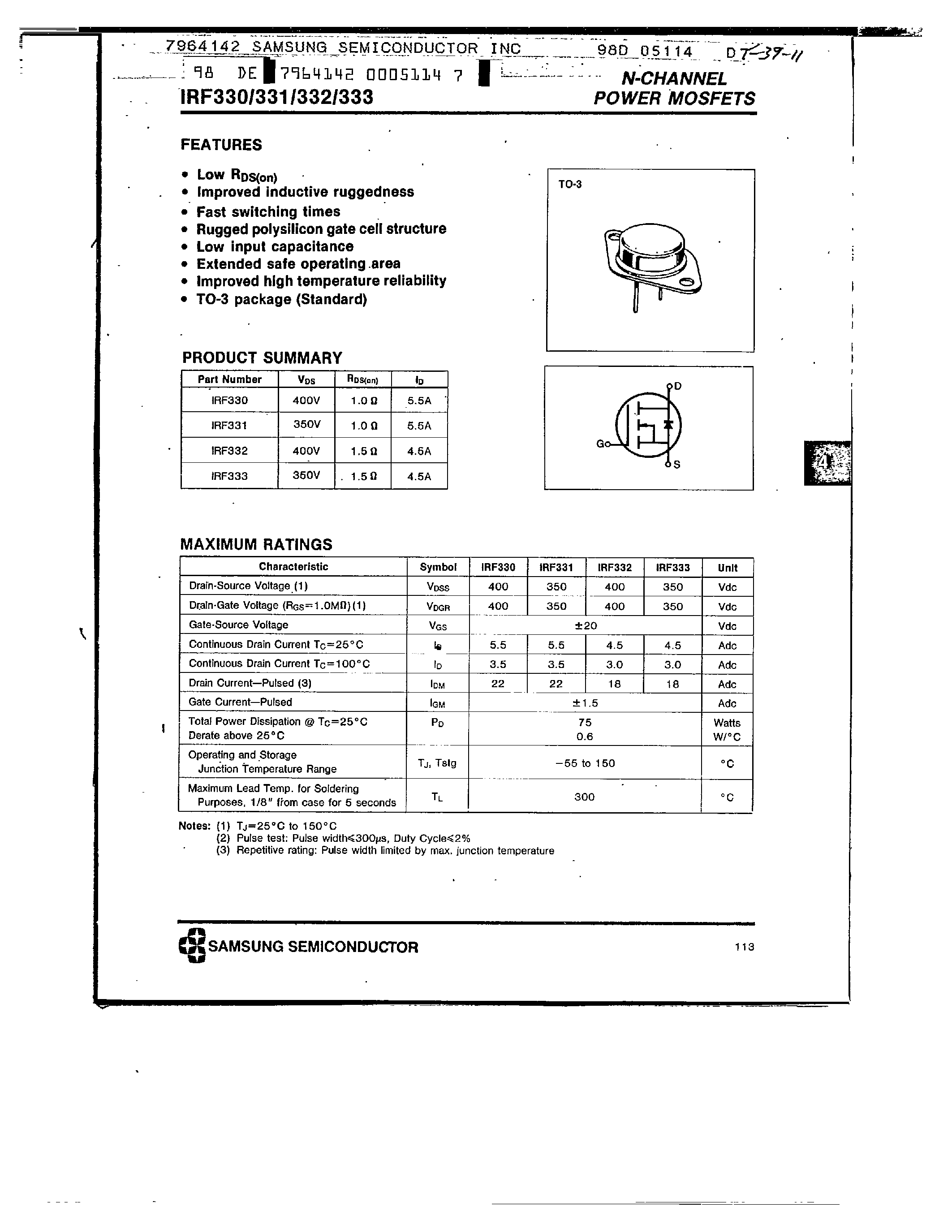 Datasheet IRF332 - N-CHANNEL POWER MOSFETS page 1