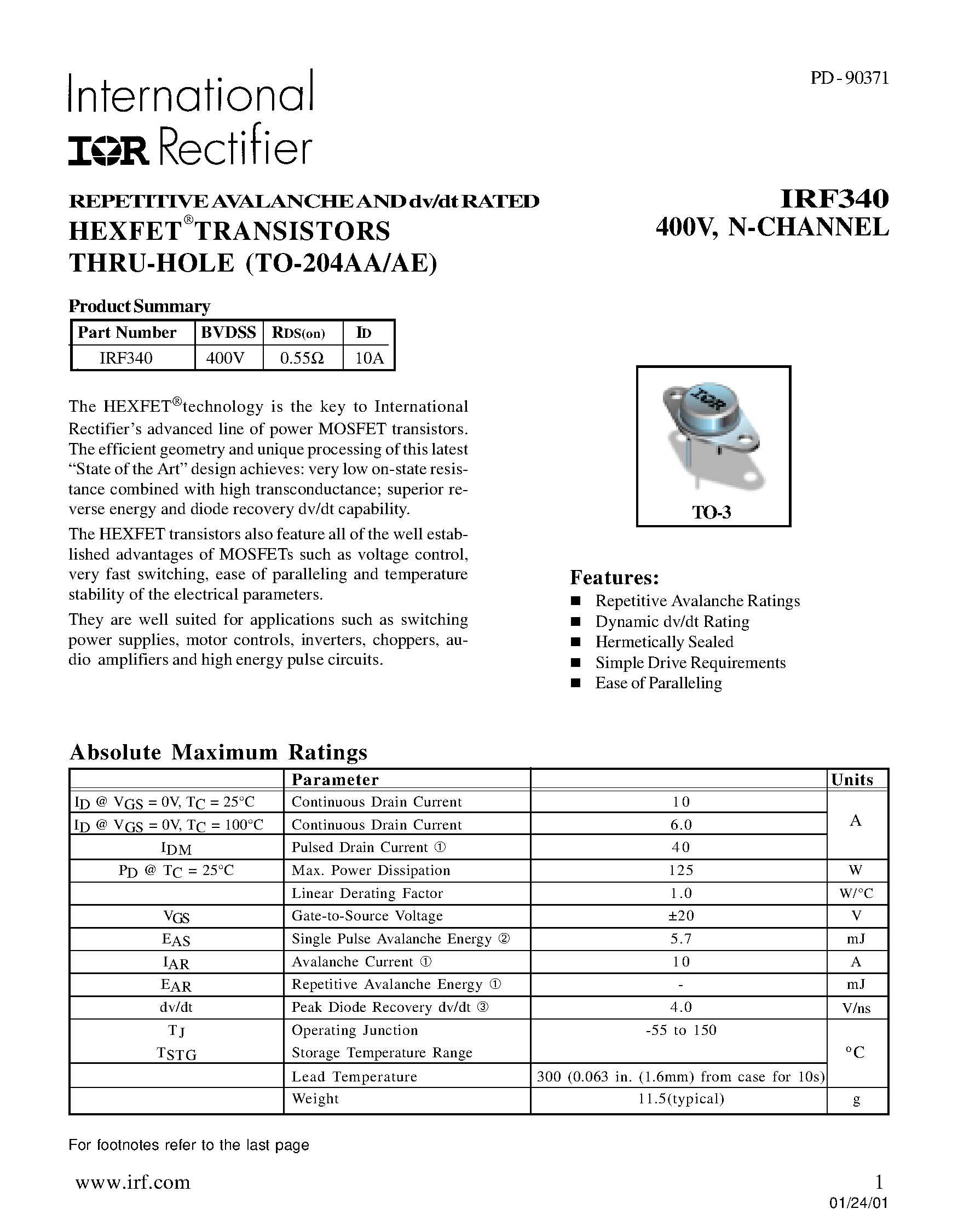Datasheet IRF340 - TRANSISTORS N-CHANNEL(Vdss=400V/ Rds(on)0.55ohm/ Id=10A) page 1