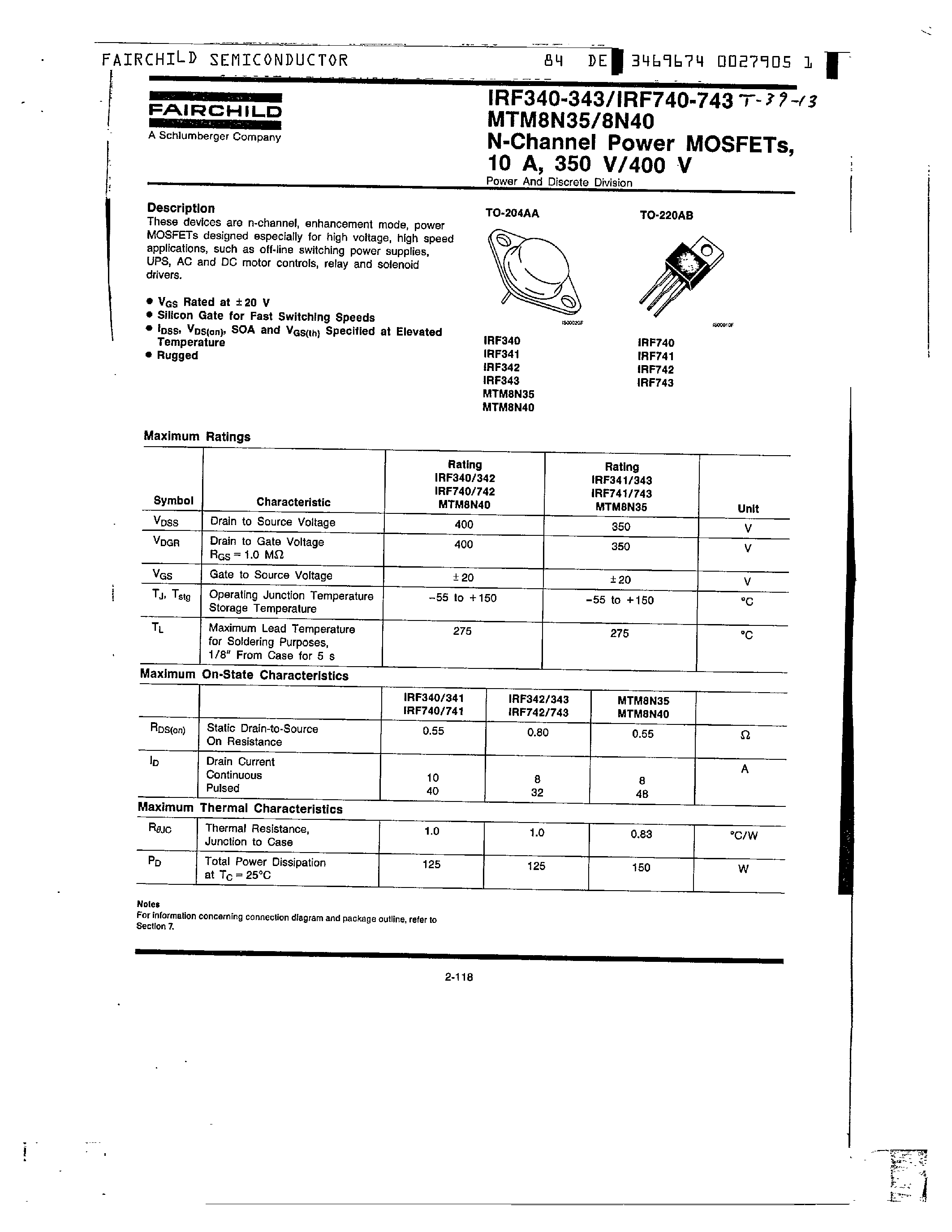Datasheet IRF340-343 - N-Channel Power MOSFETs/ 10A/ 350V/400V page 1