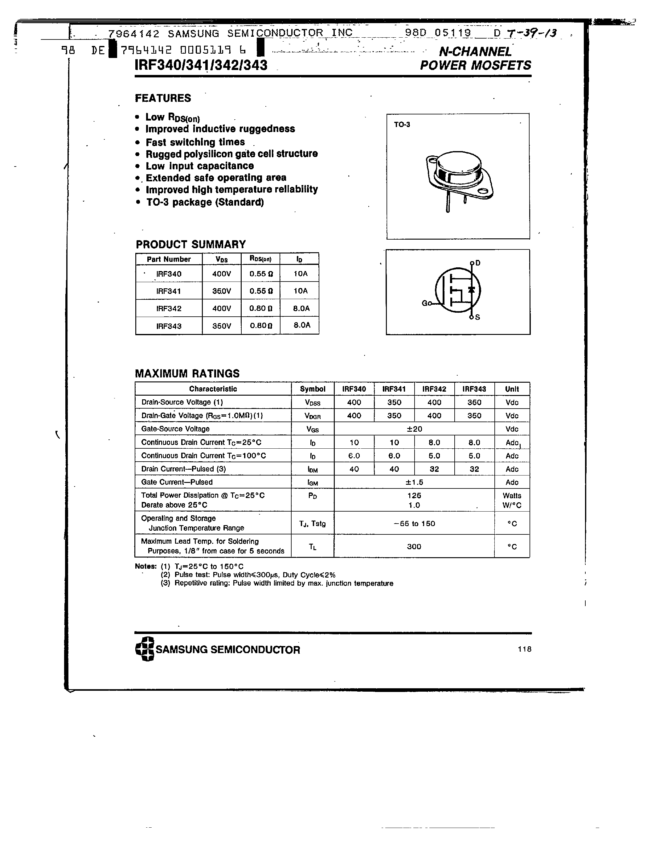 Datasheet IRF341 - N-CHANNEL POWER MOSFETS page 1