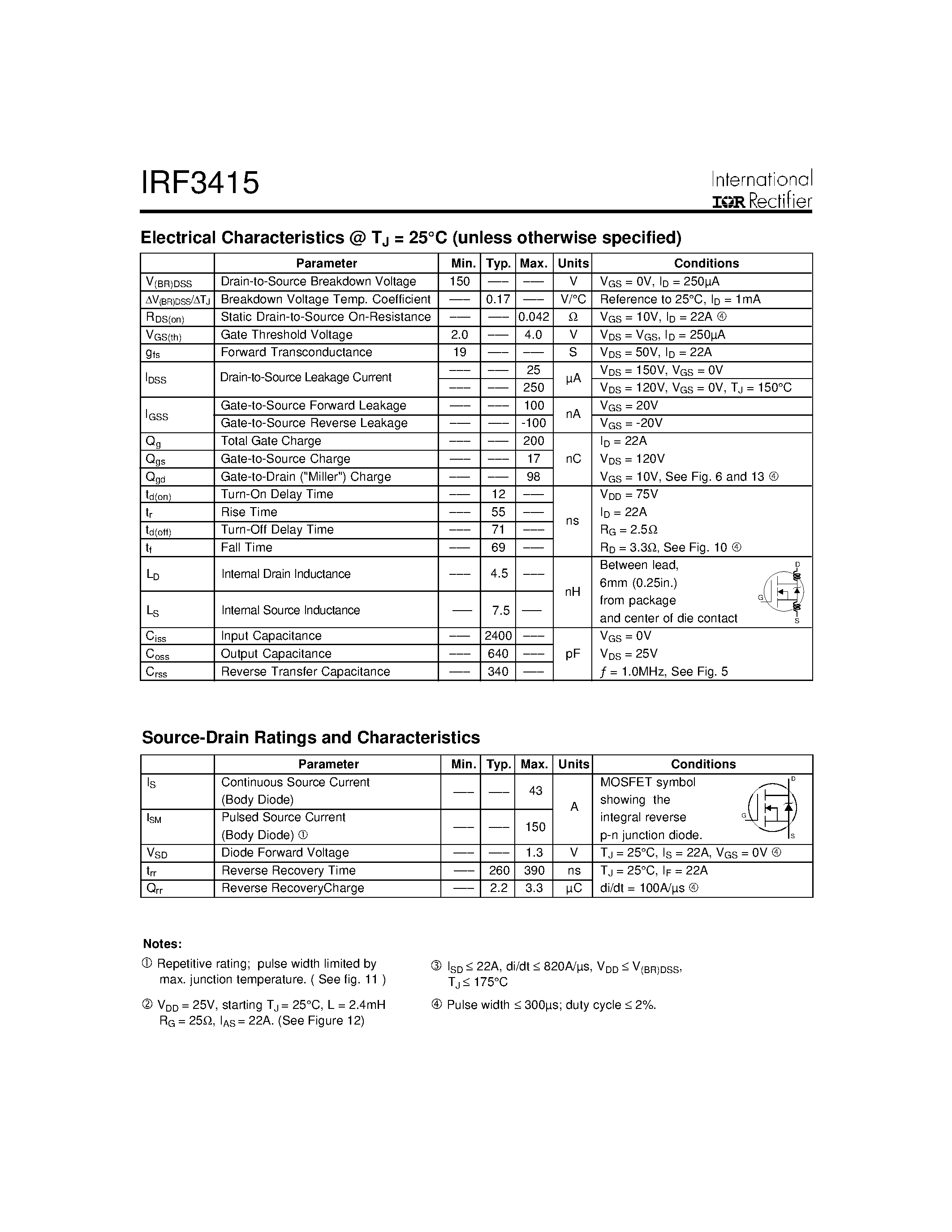 Datasheet IRF3415 - Power MOSFET(Vdss=150V/ Rds(on)=0.042ohm/ Id=43A) page 2
