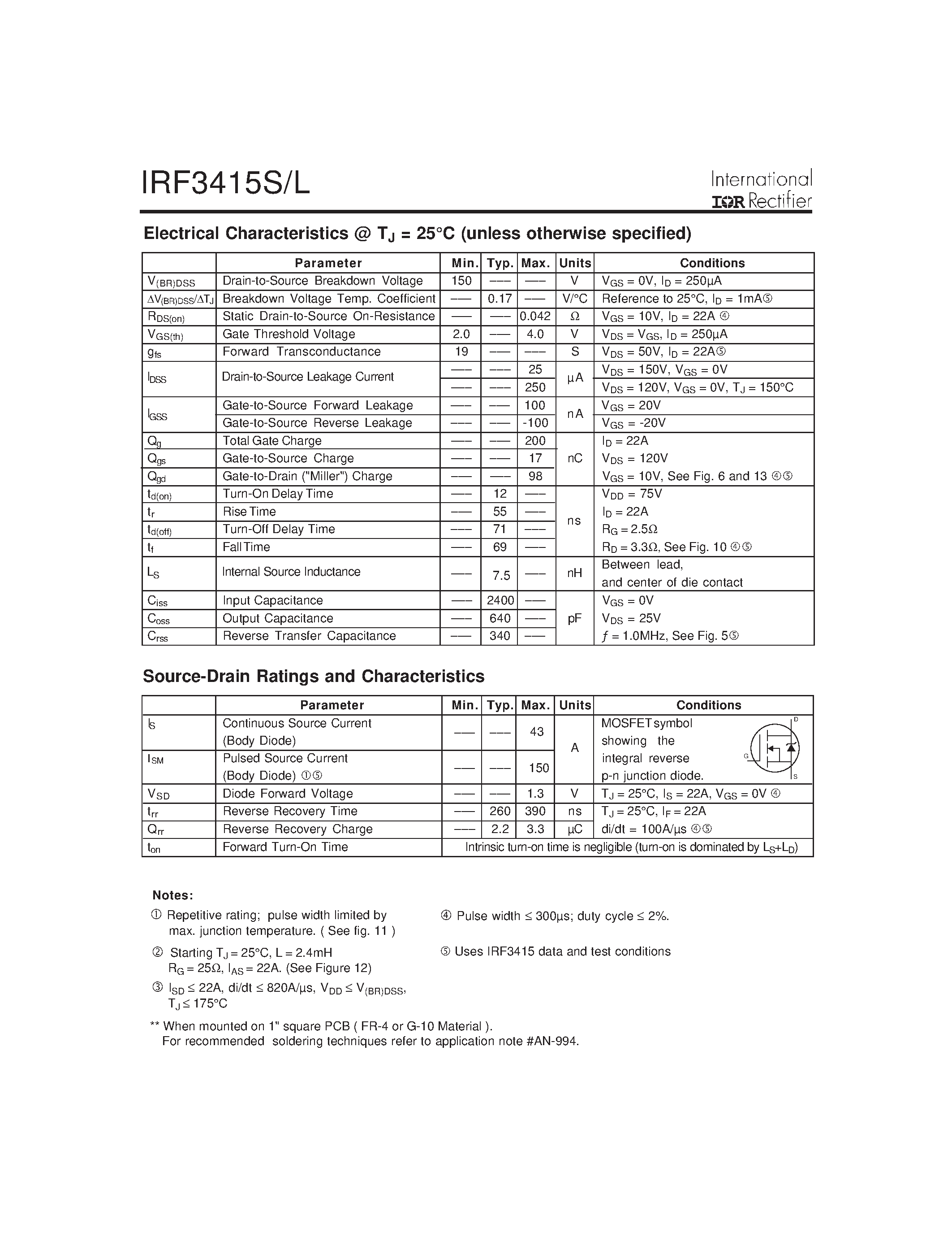 Datasheet IRF3415L - Power MOSFET(Vdss=150V/ Rds(on)=0.042ohm/ Id=43A) page 2