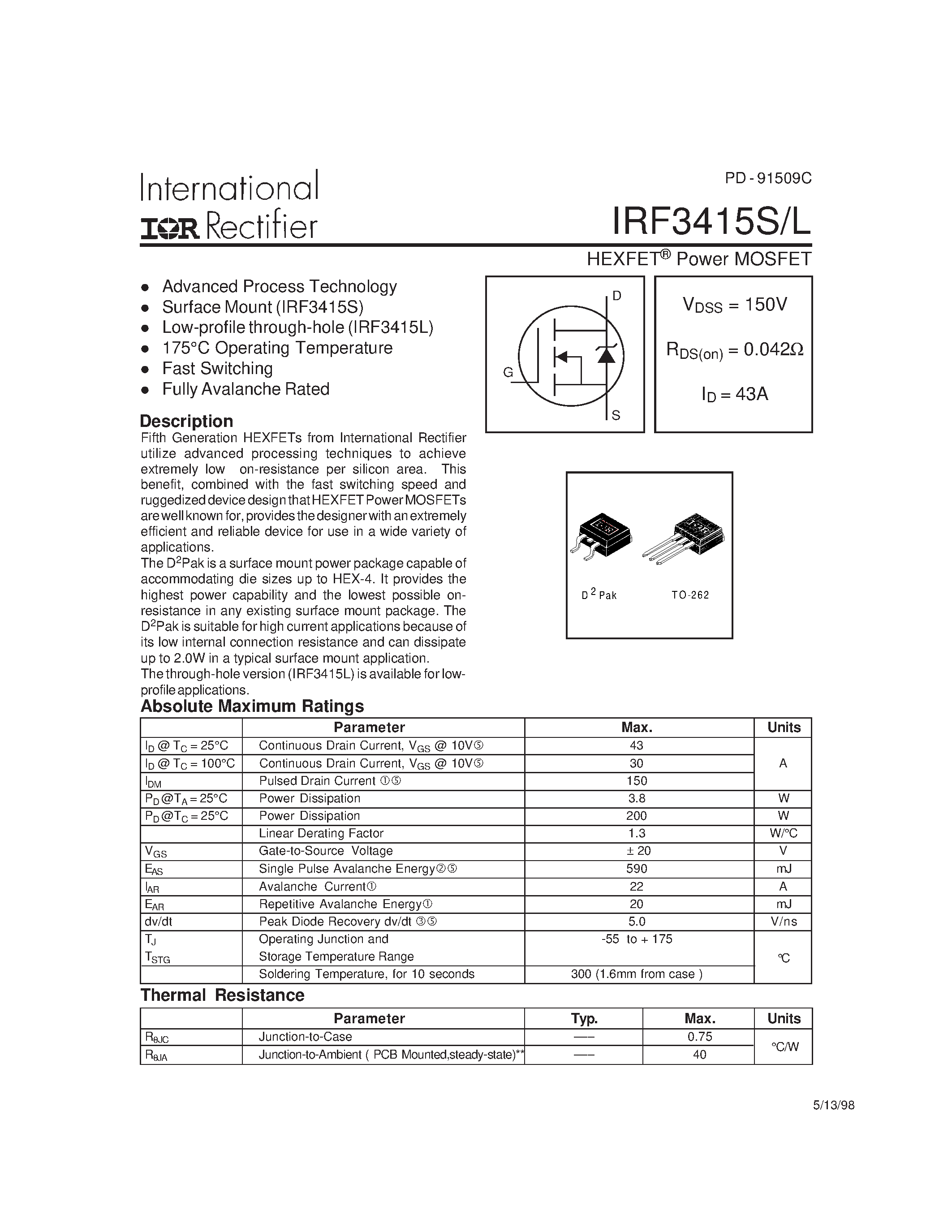 Datasheet IRF3415S - Power MOSFET(Vdss=150V/ Rds(on)=0.042ohm/ Id=43A) page 1