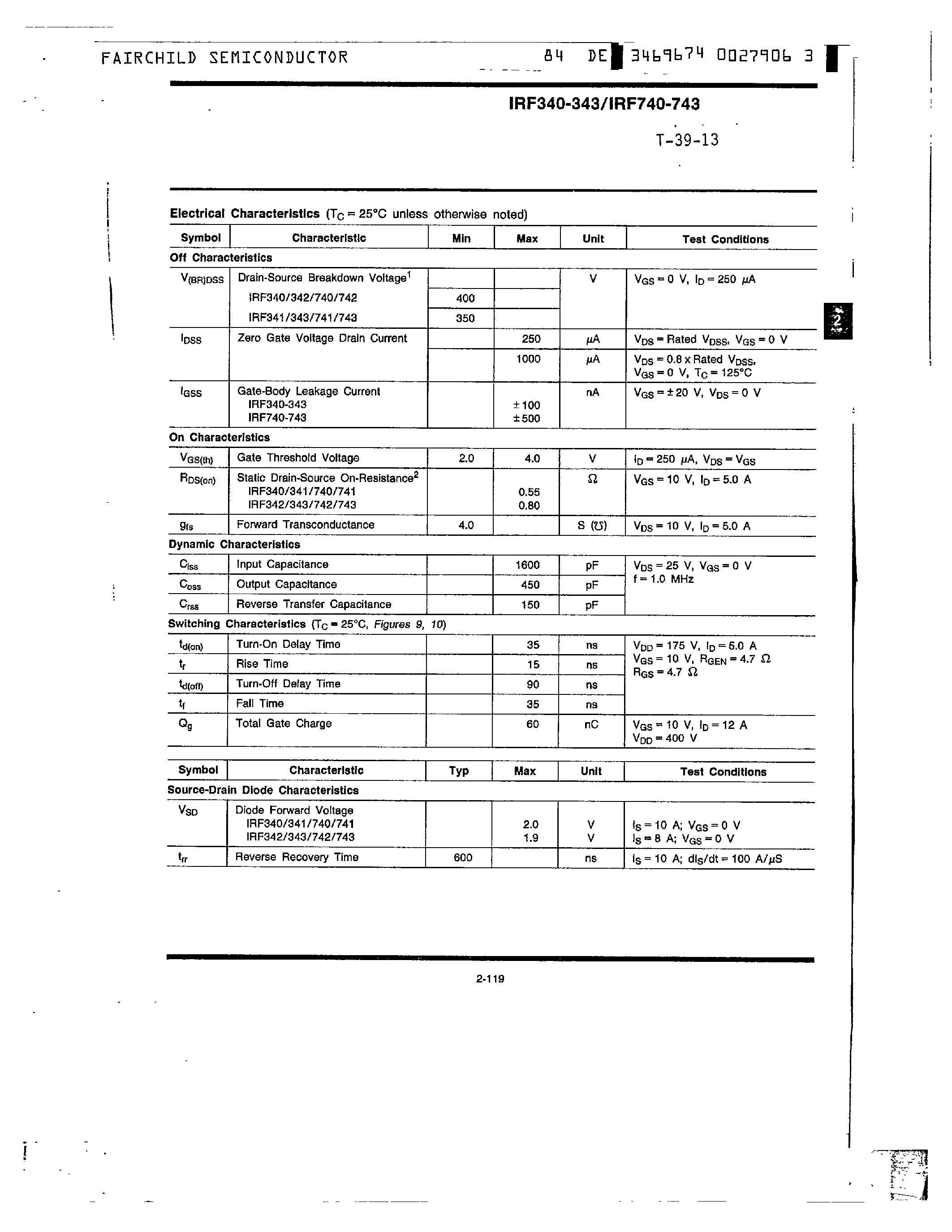 Datasheet IRF343 - N-Channel Power MOSFETs/ 10A/ 350V/400V page 2