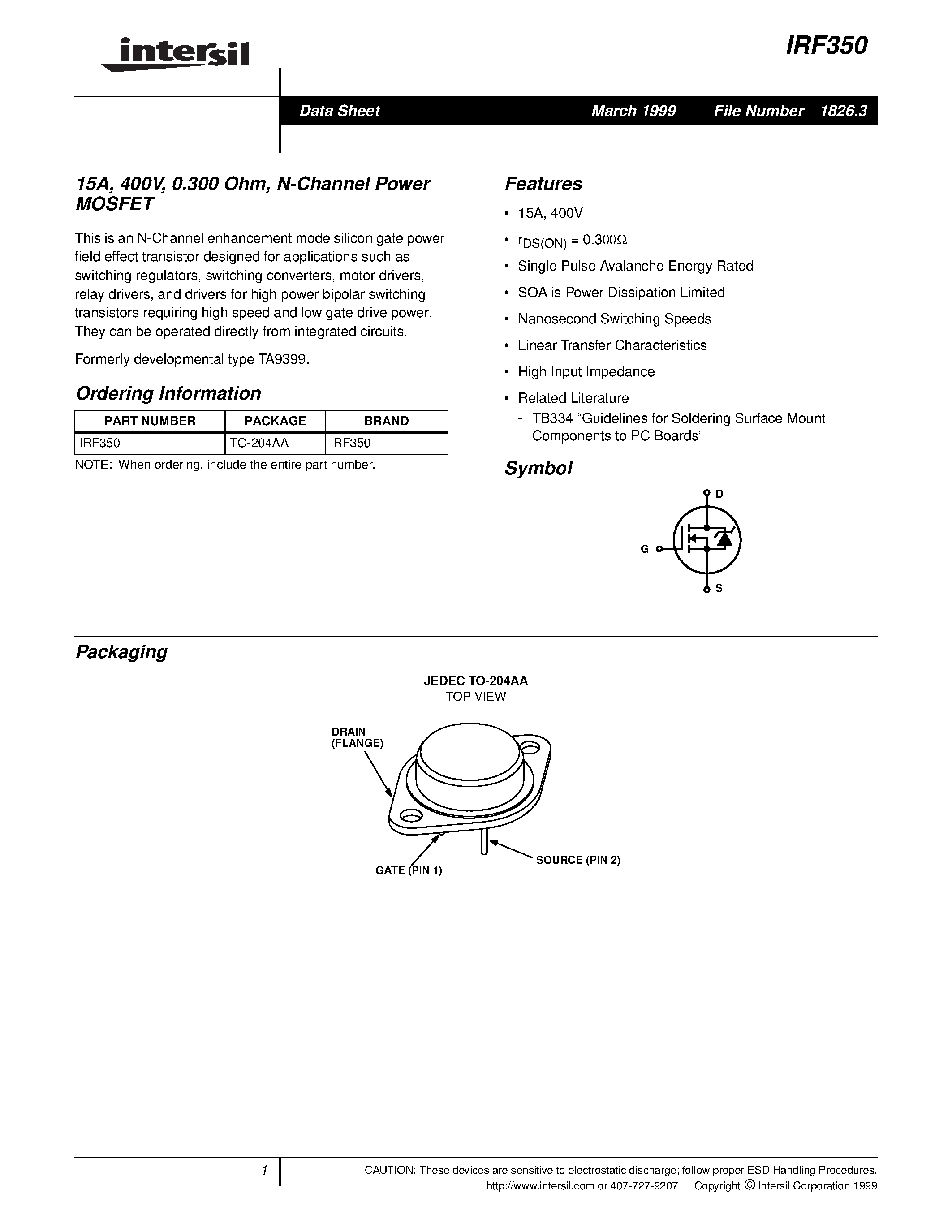 Datasheet IRF350 - 15A/ 400V/ 0.300 Ohm/ N-Channel Power MOSFET page 1
