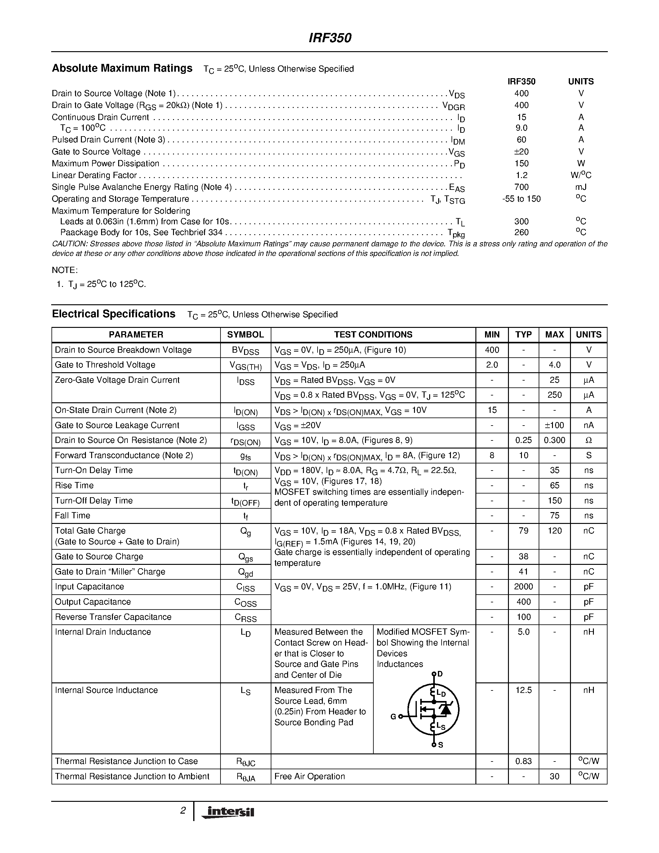 Datasheet IRF350 - 15A/ 400V/ 0.300 Ohm/ N-Channel Power MOSFET page 2