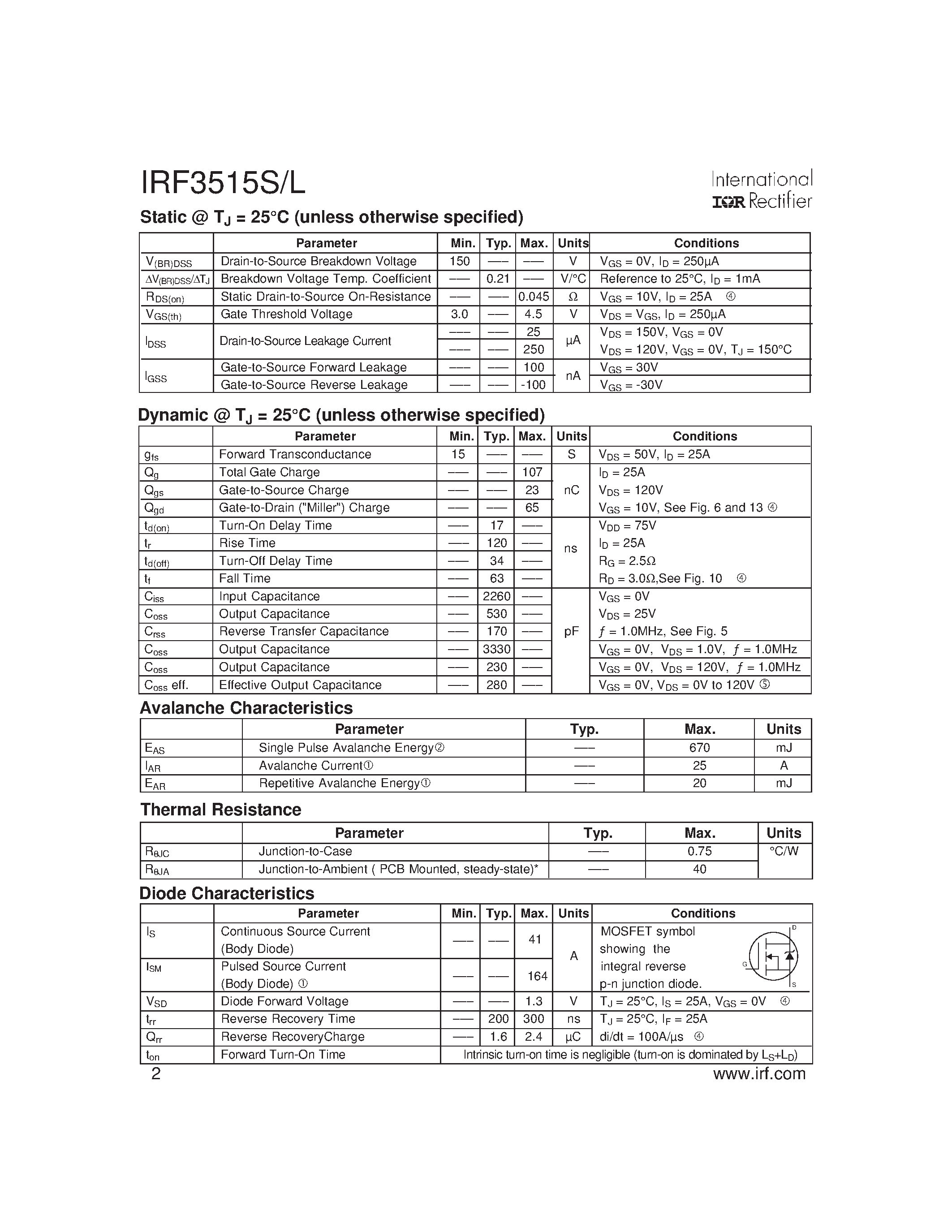 Datasheet IRF3515L - Power MOSFET(Vdss=150V/ Rds(on)max=0.045ohm/ Id=41A) page 2