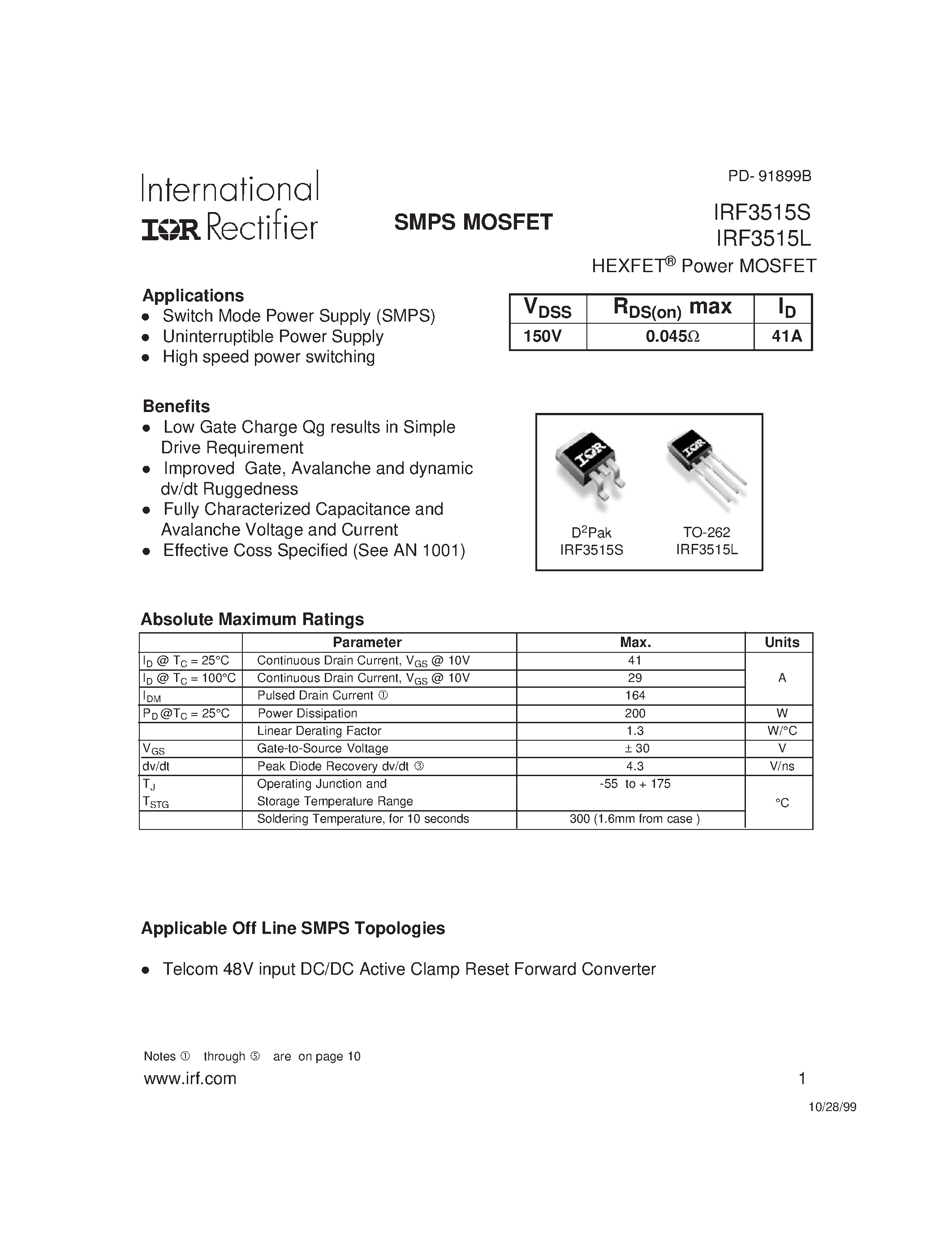 Datasheet IRF3515S - Power MOSFET(Vdss=150V/ Rds(on)max=0.045ohm/ Id=41A) page 1