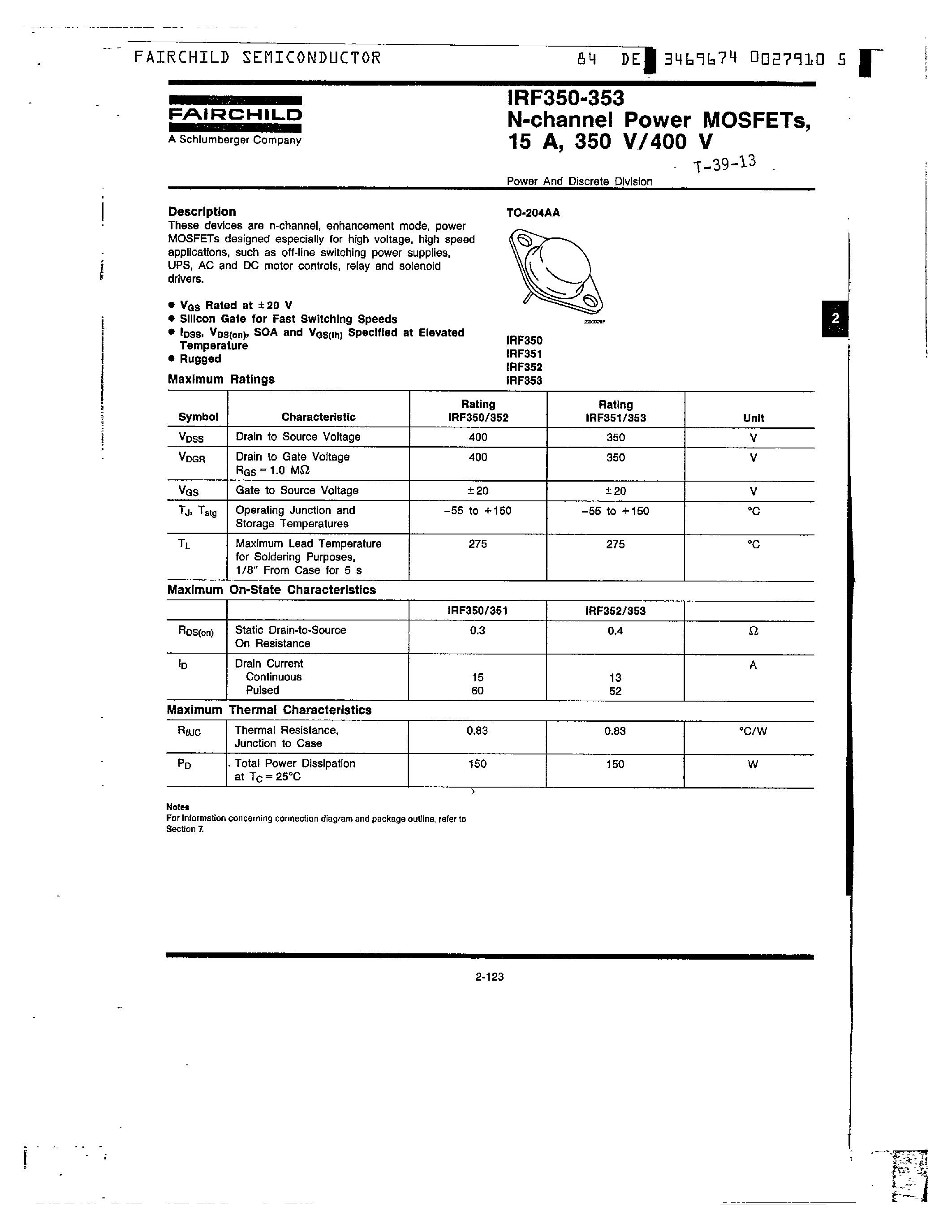 Datasheet IRF352 - N-Channel Power MOSFETs/ 15A/ 350V/400V page 1