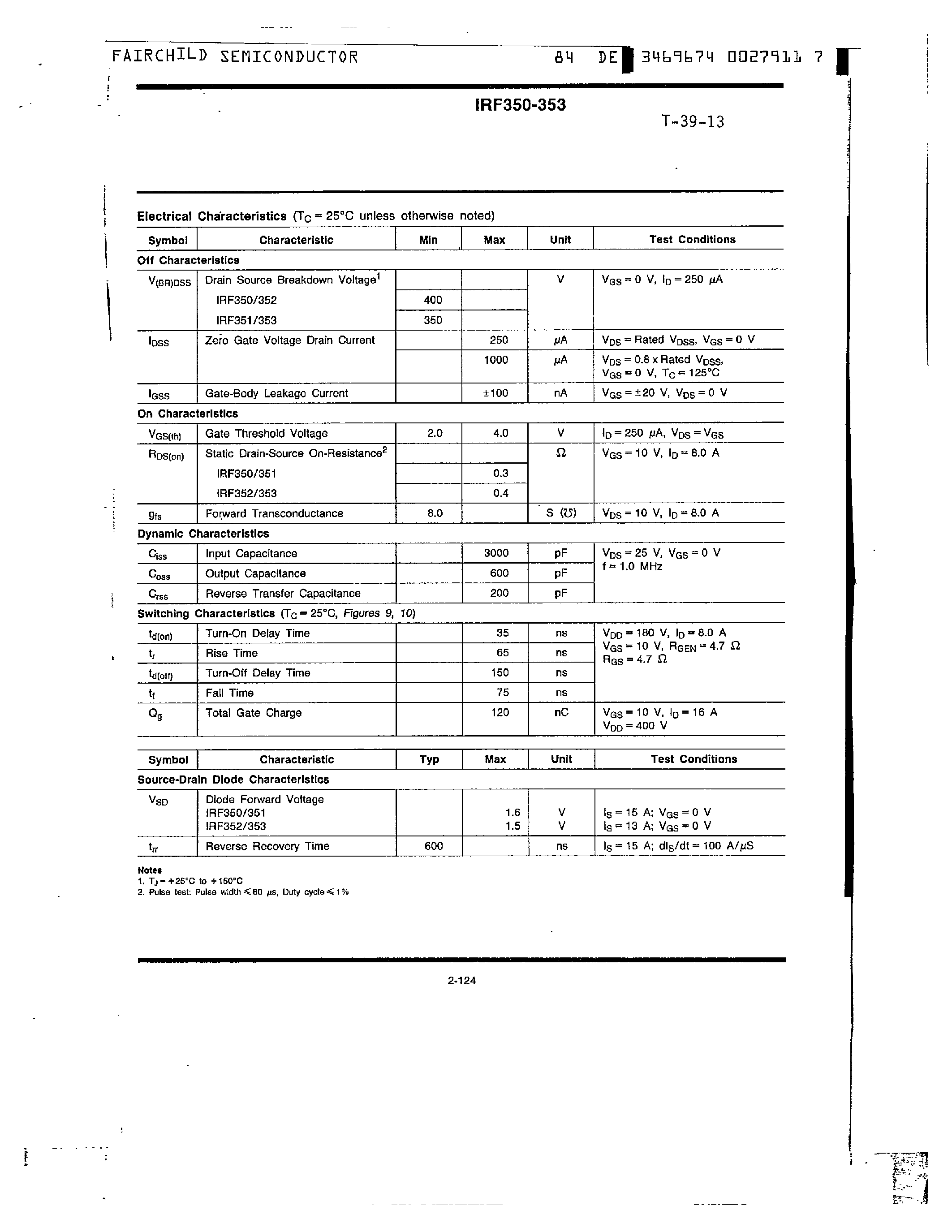 Datasheet IRF353 - N-Channel Power MOSFETs/ 15A/ 350V/400V page 2