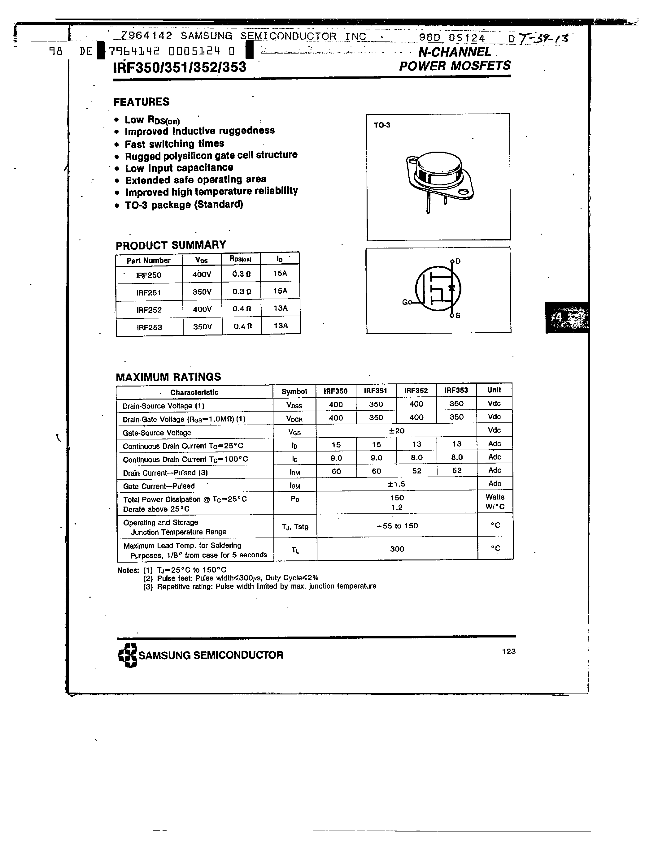 Datasheet IRF353 - N-CHANNEL POWER MOSFETS page 1