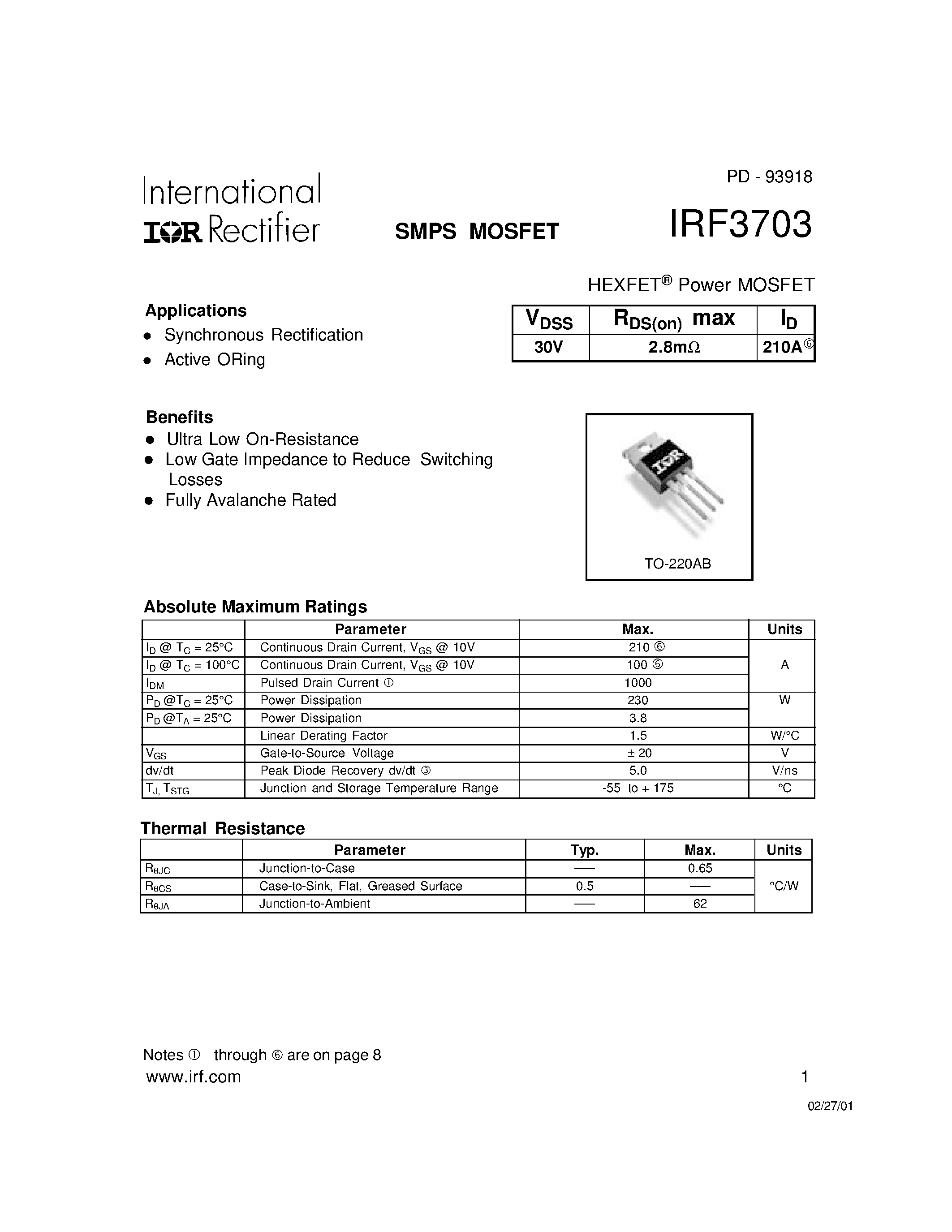 Даташит на микросхему IRF3703 страница 1 Даташит IRF3703 - Power MOSFET(Vdss=30V/ Rds(on)max=2.8mohm/ Id=210A) страница 1