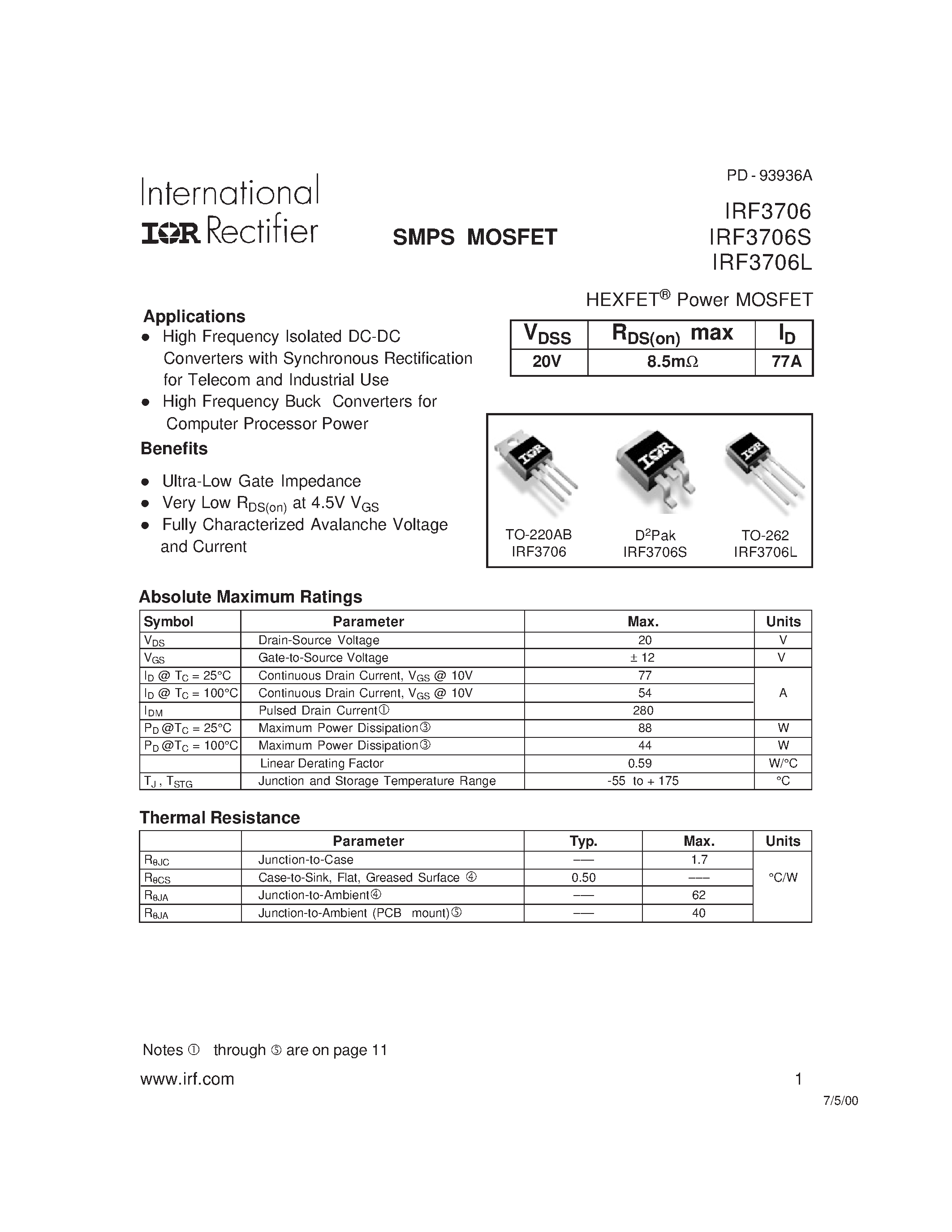 Datasheet IRF3706L - Power MOSFET(Vdss=20V/ Rds(on)max=8.5mohm/ Id=77A) page 1