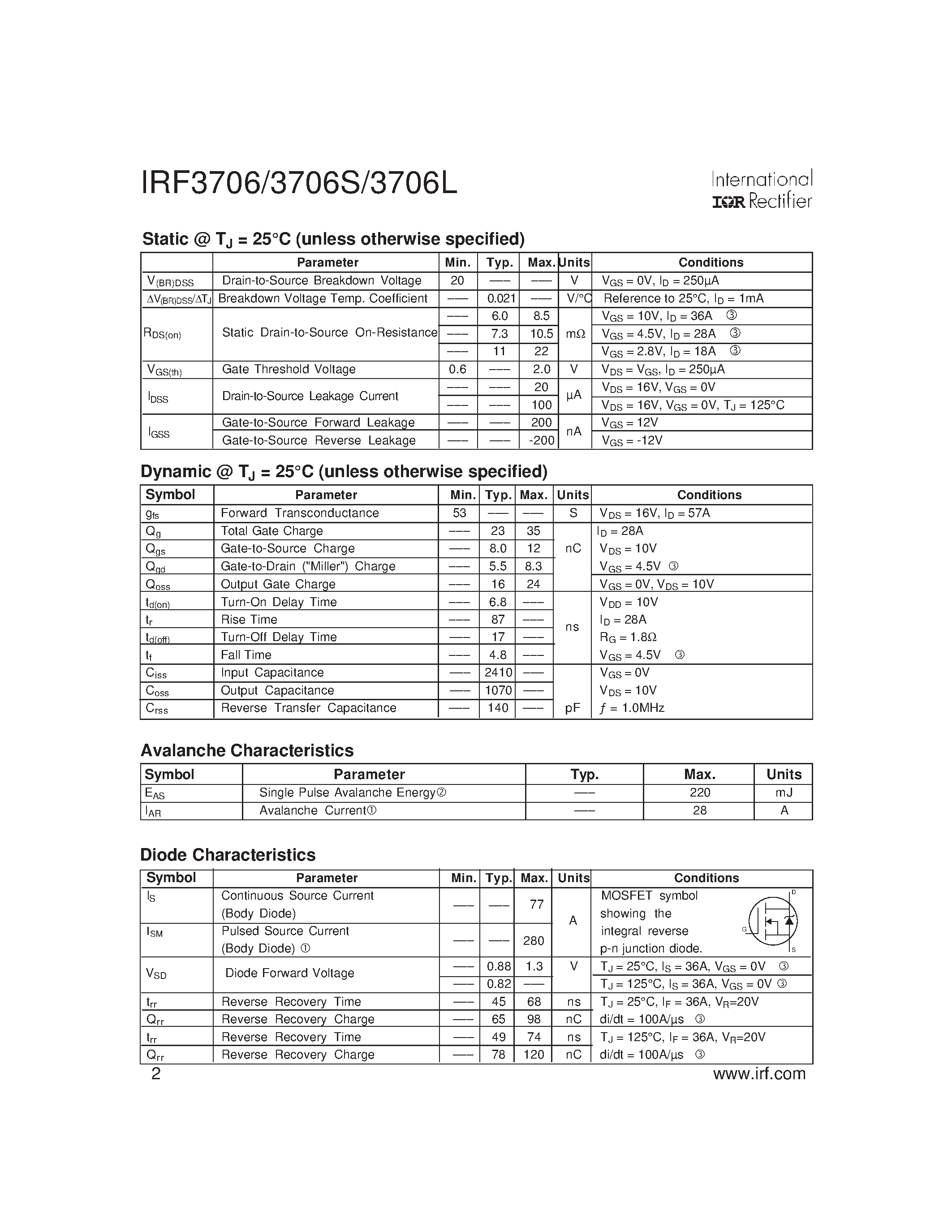 Datasheet IRF3706S - Power MOSFET(Vdss=20V/ Rds(on)max=8.5mohm/ Id=77A) page 2
