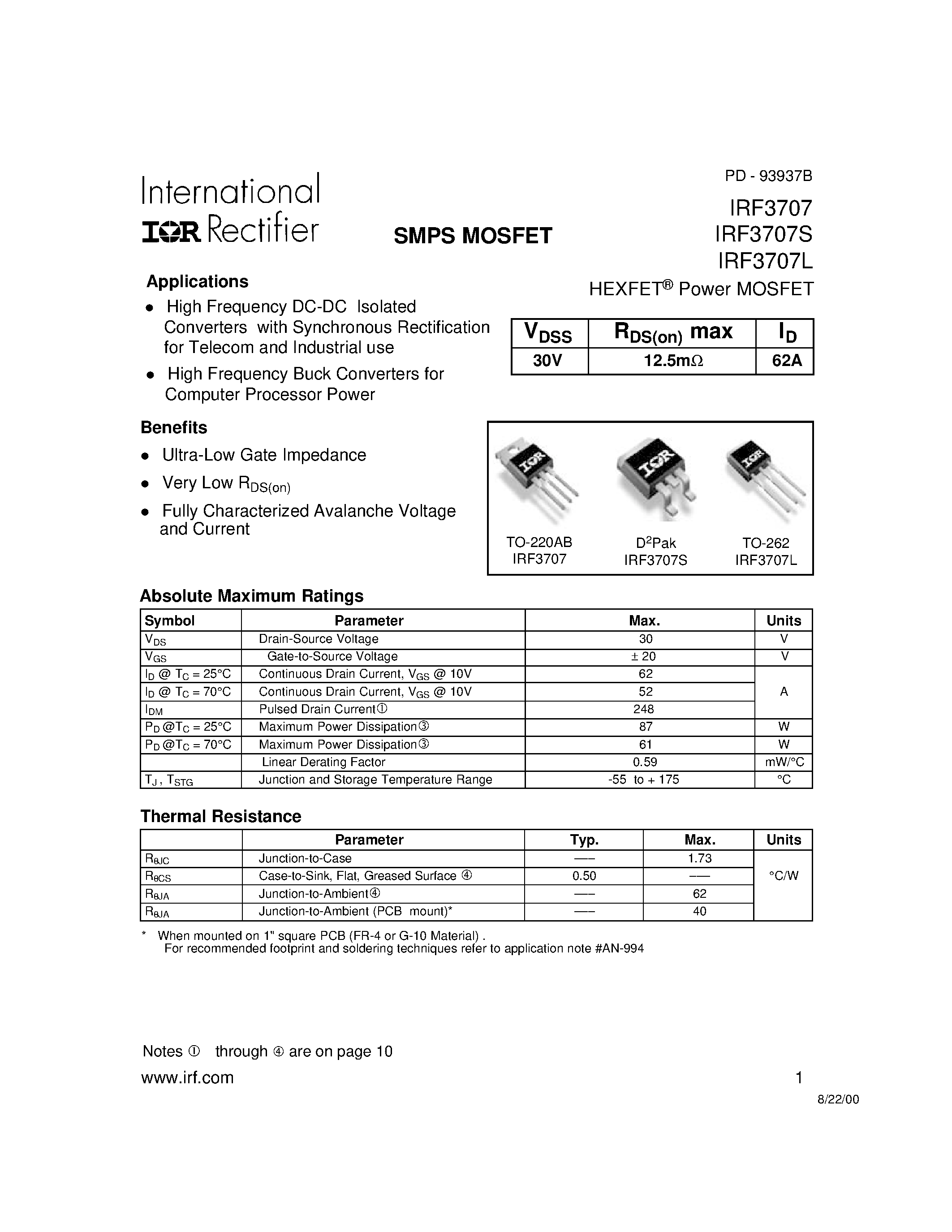 Datasheet IRF3707L - Power MOSFET(Vdss=30V/ Rds(on)max=12.5mohm/ Id=62A) page 1