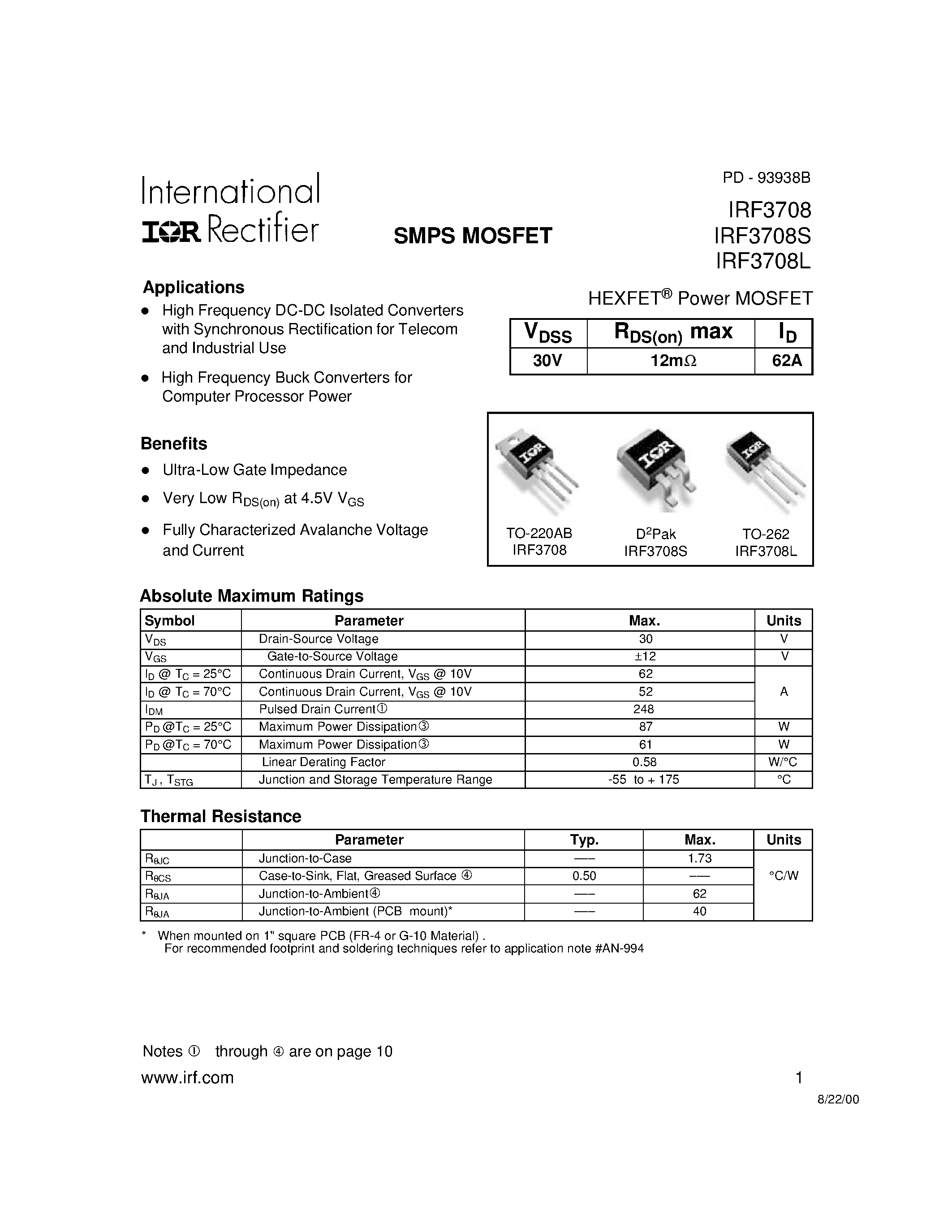 Datasheet IRF3708L - Power MOSFET(Vdss=30V/ Rds(on)max=12mohm/ Id=62A) page 1
