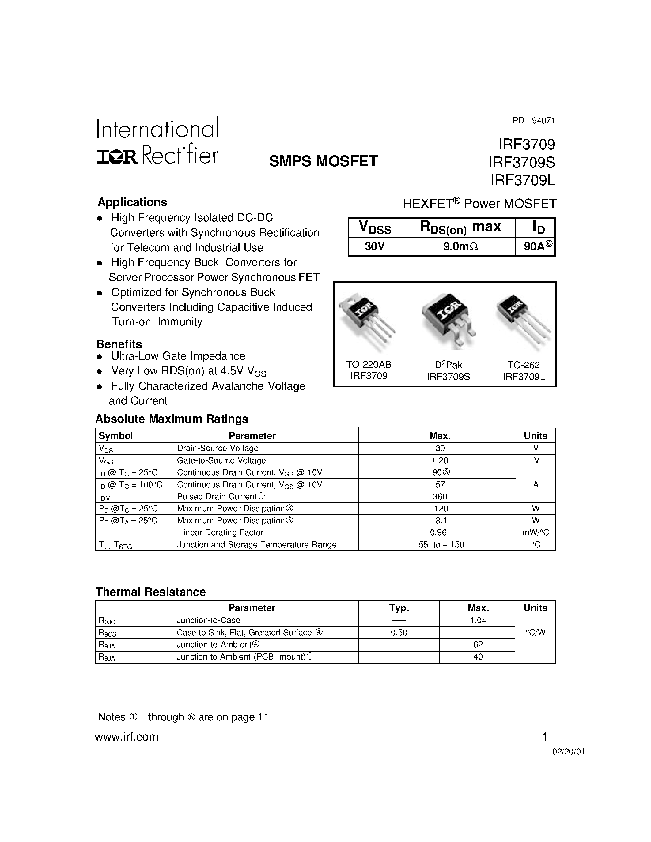 Datasheet IRF3709 - Power MOSFET(Vdss=30V/ Rds(on)max=9.0mohm/ Id=90A) page 1