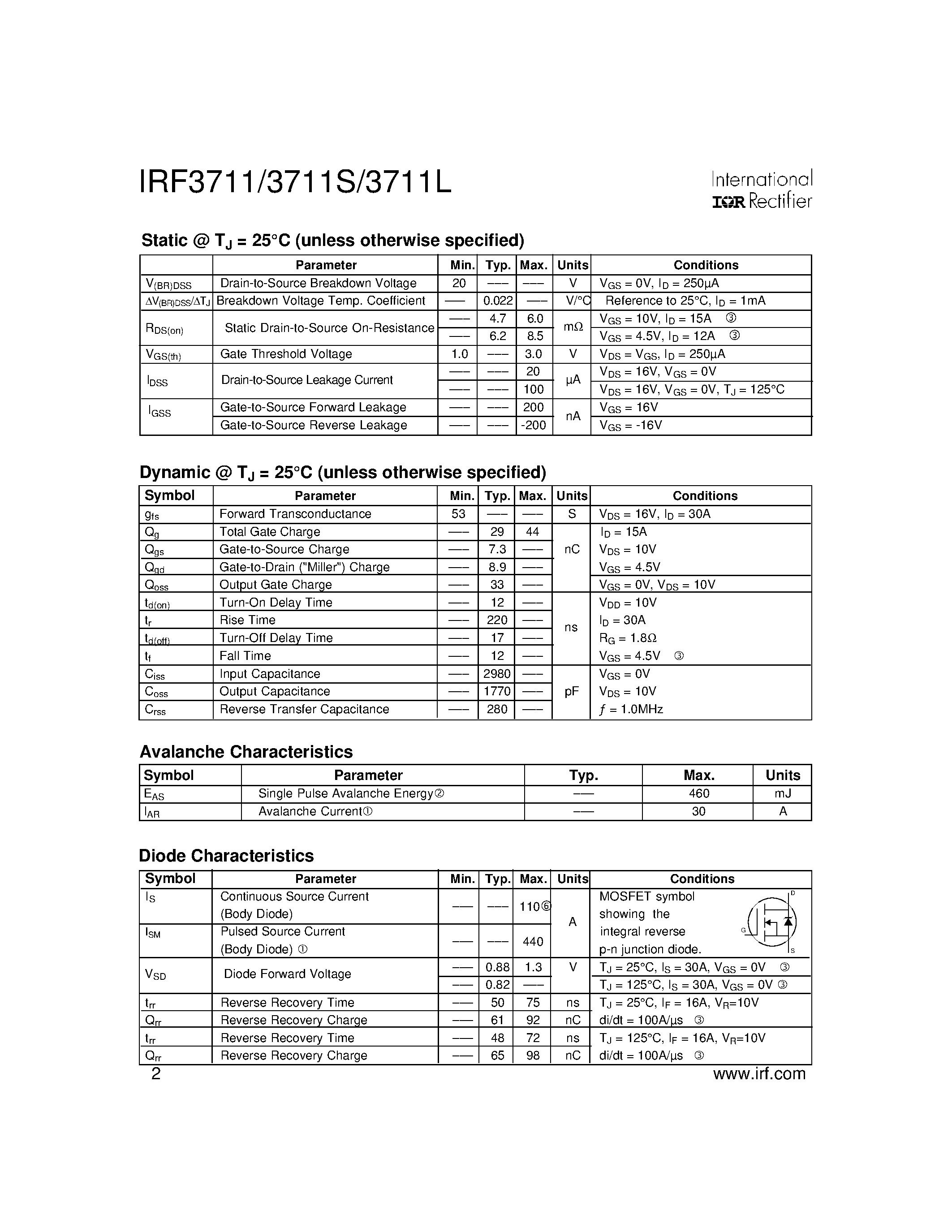 Datasheet IRF3711S - Power MOSFET(Vdss=20V/ Rds(on)max=6.0mohm/ Id=110A) page 2