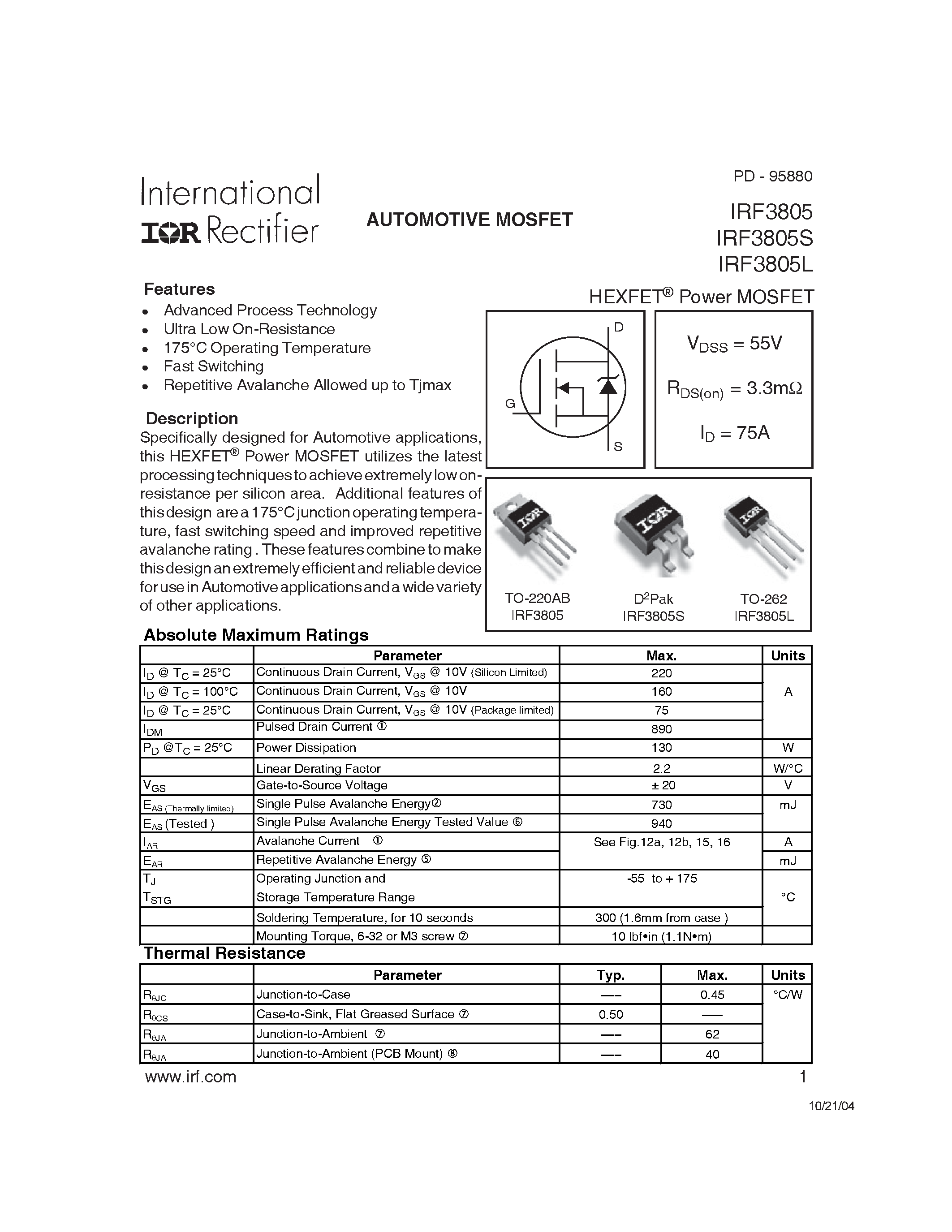 Datasheet IRF3805S - AUTOMOTIVE MOSFET page 1
