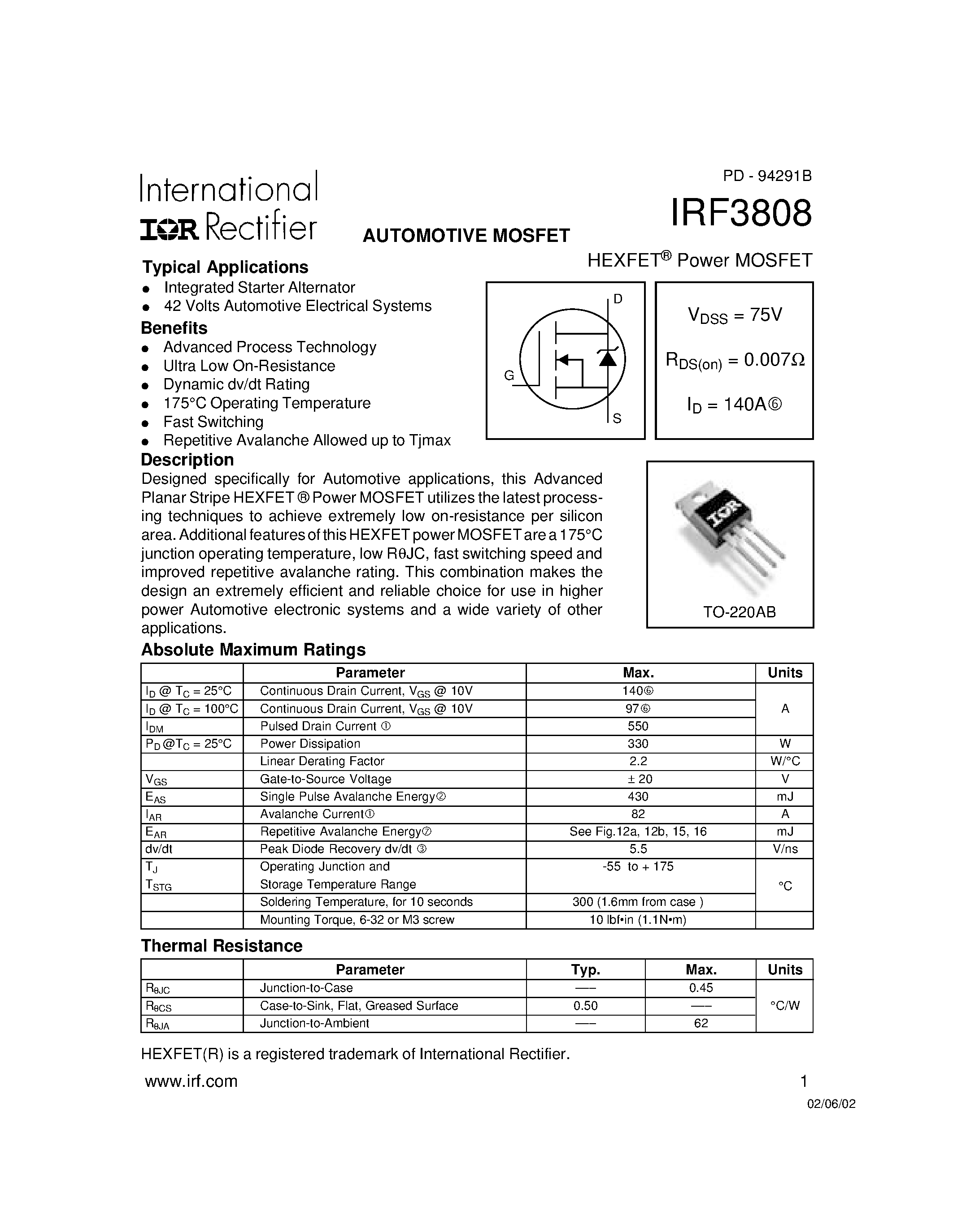 Datasheet IRF3808 page 1 Datasheet IRF3808 - Power MOSFET(Vdss=75V/ Rds(on)=0.007ohm/ Id=140A) page 1