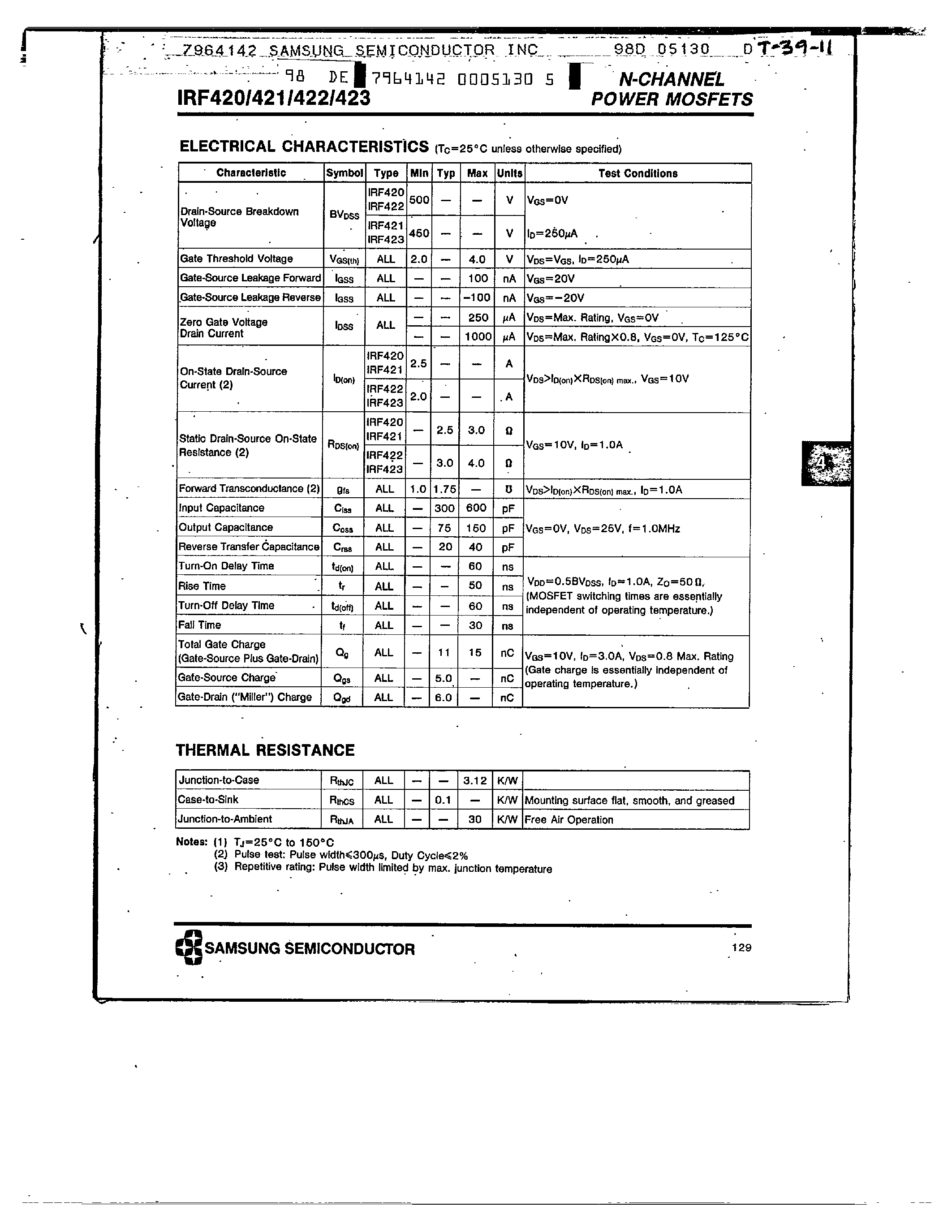 Datasheet IRF422 - N-CHANNEL POWER MOSFETS page 2