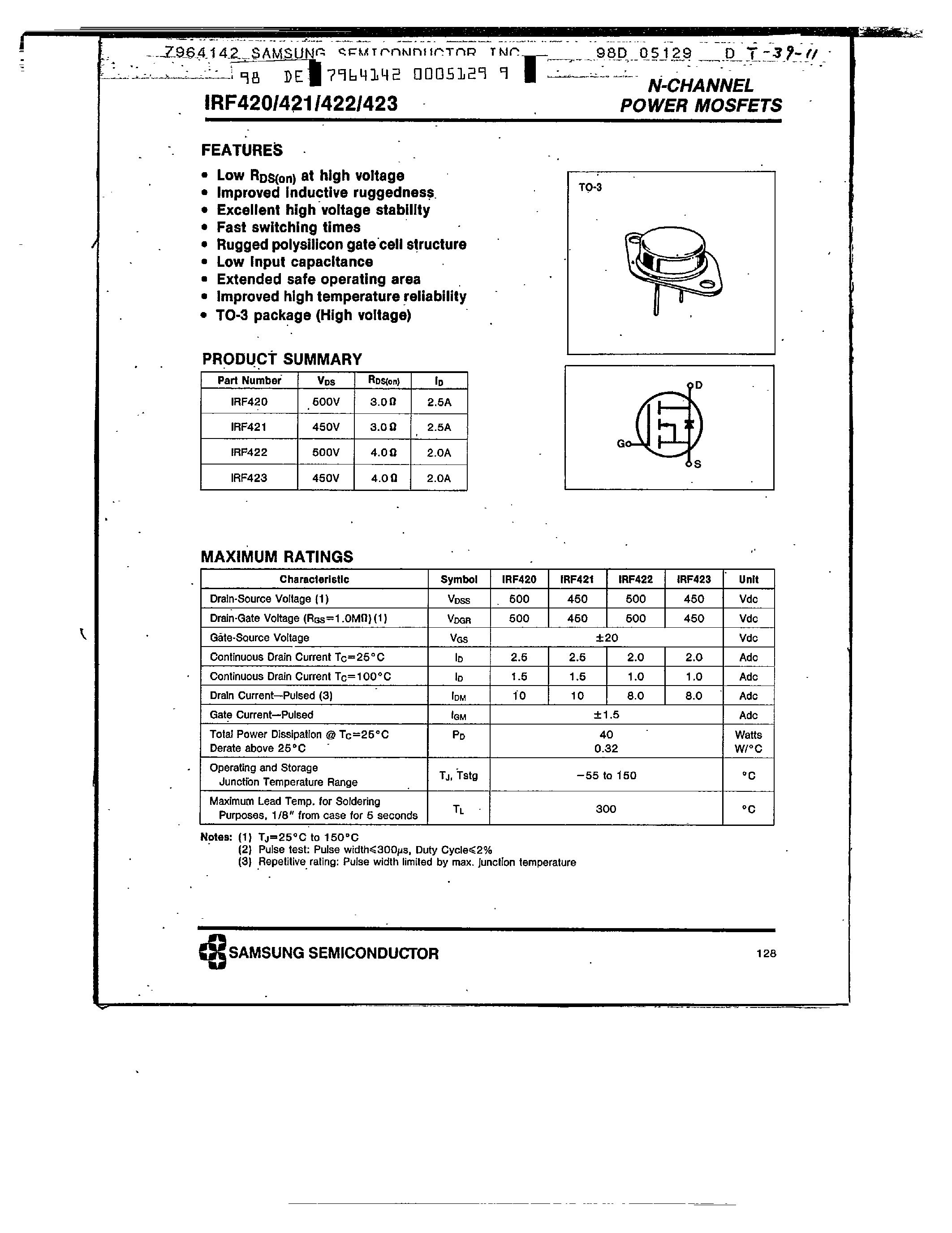 Datasheet IRF423 - N-CHANNEL POWER MOSFETS page 1