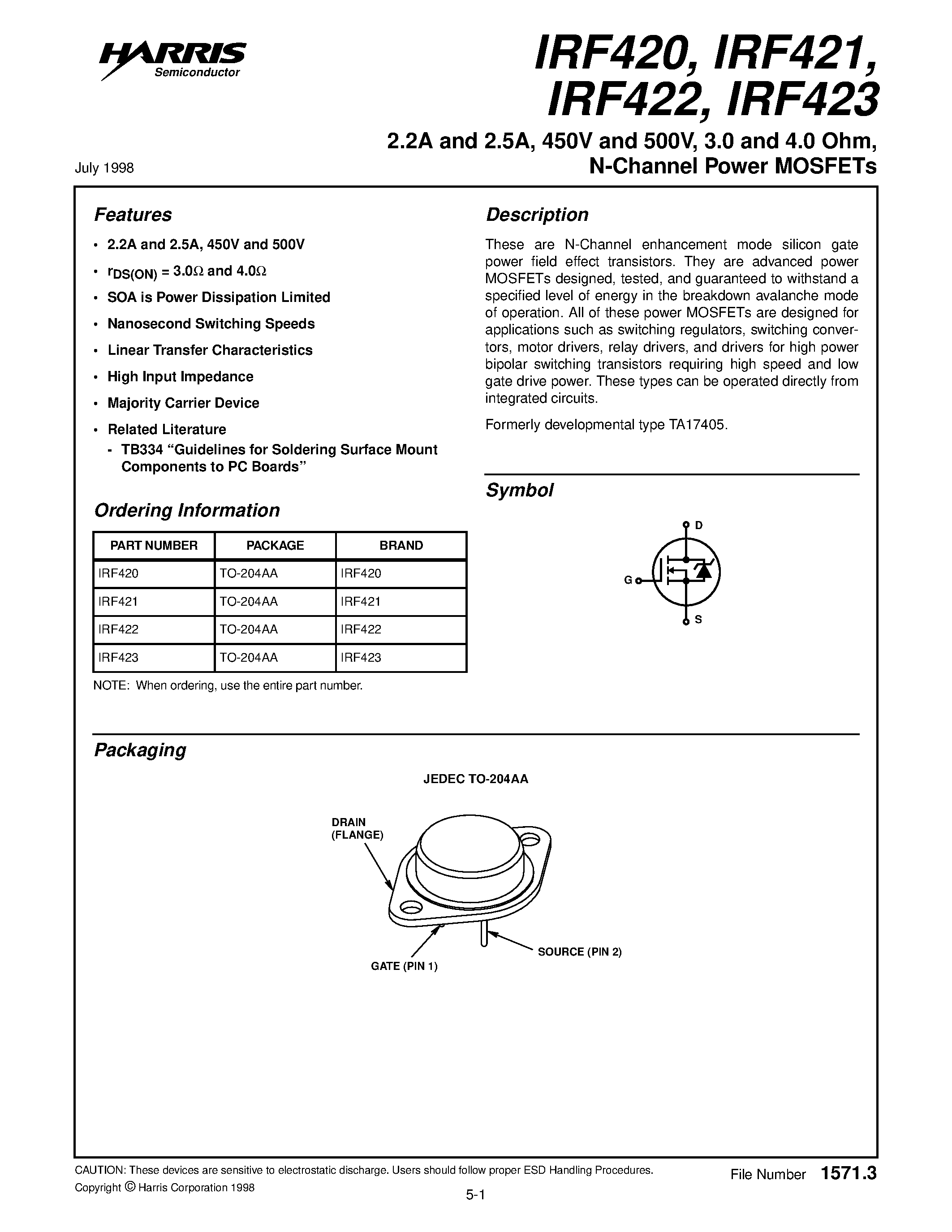 Datasheet IRF423 - 2.2A and 2.5A/ 450V and 500V/ 3.0 and 4.0 Ohm/ N-Channel Power MOSFETs page 1