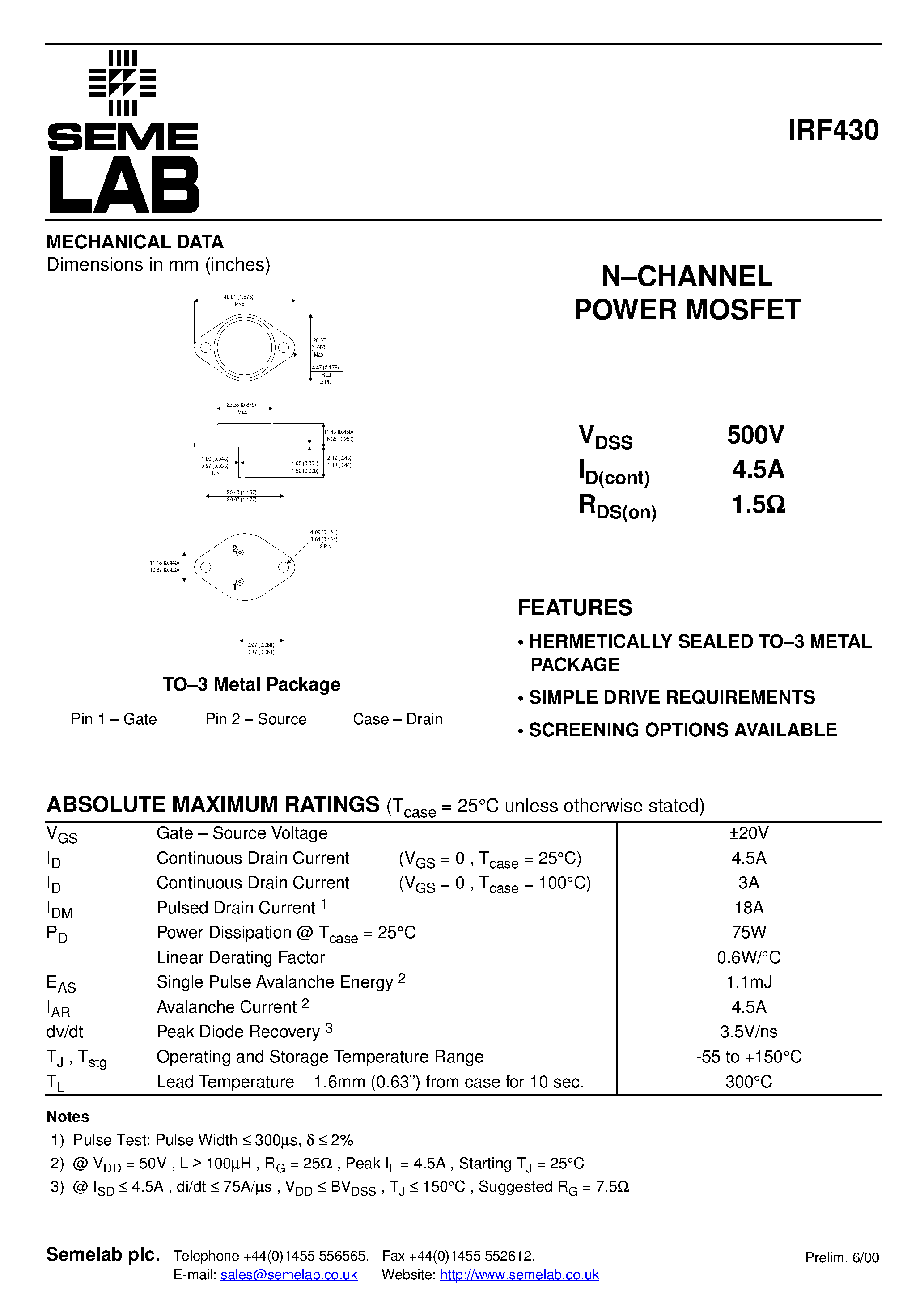 Datasheet IRF430 - N-CHANNEL POWER MOSFET page 1