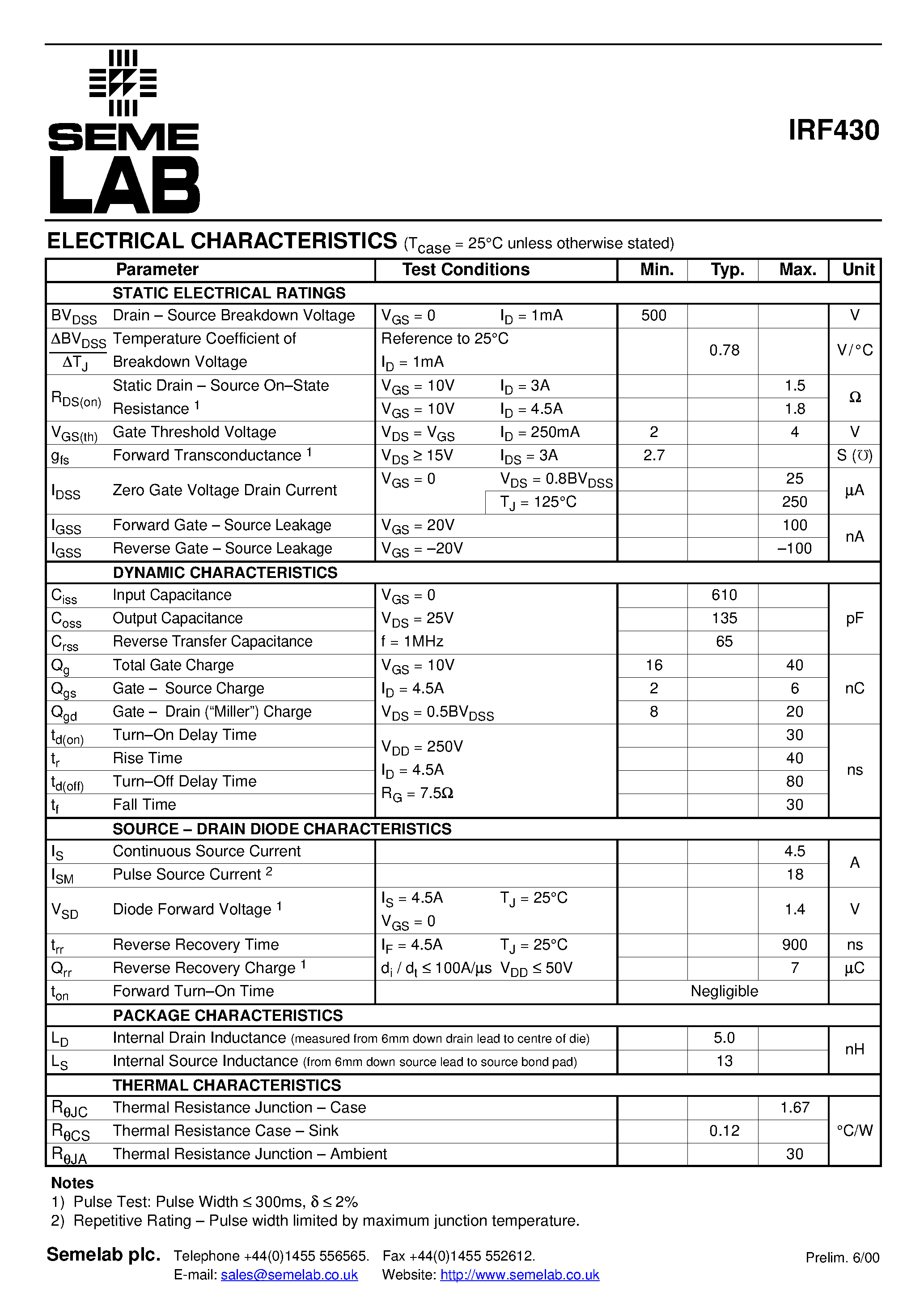 Datasheet IRF430 - N-CHANNEL POWER MOSFET page 2
