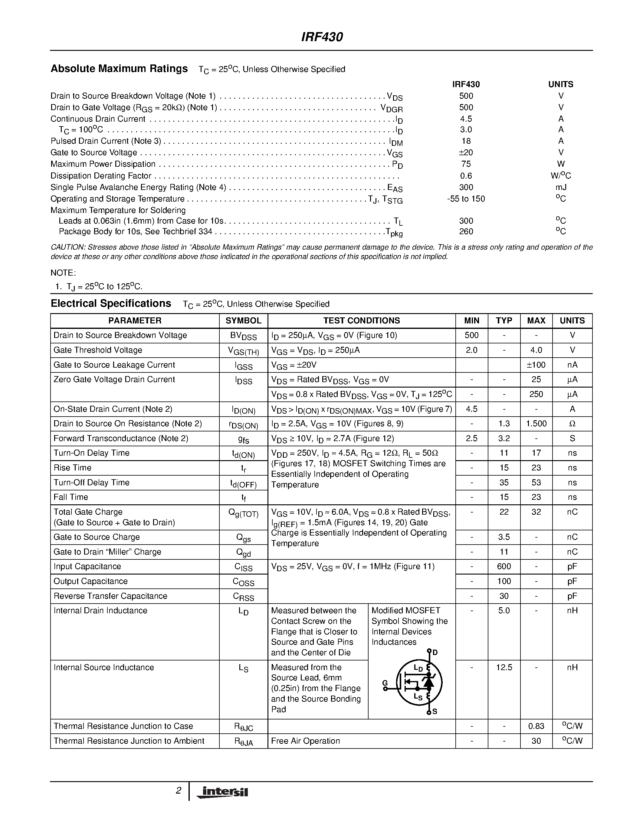 Даташит IRF430 - 4.5A/ 500V/ 1.500 Ohm/ N-Channel Power MOSFET страница 2