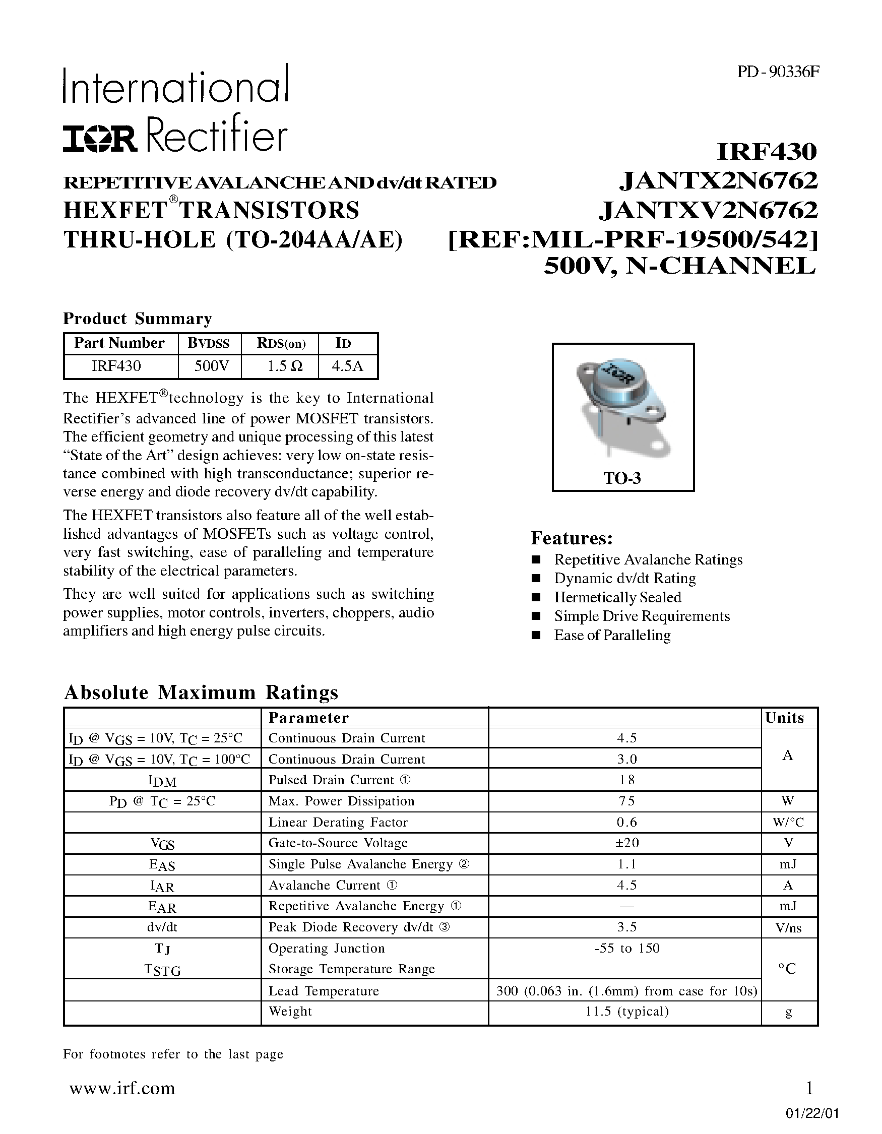 Даташит IRF430 - TRANSISTORS N-CHANNEL(Vdss=500V/ Rds(on)=1.5ohm/ Id=4.5A) страница 1