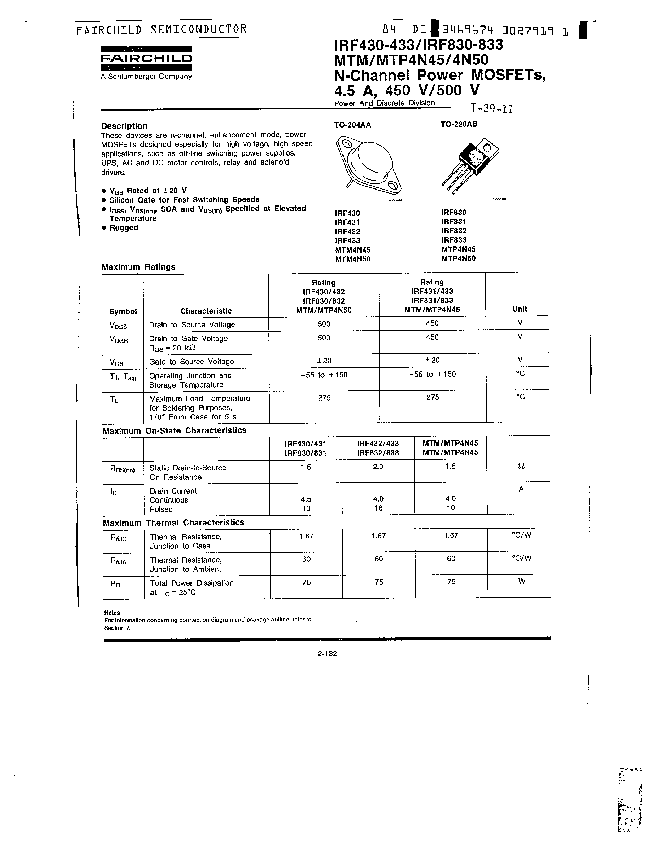 Datasheet IRF430 - N-Channel Power MOSFETs/ 4.5 A/ 450V/500V page 1
