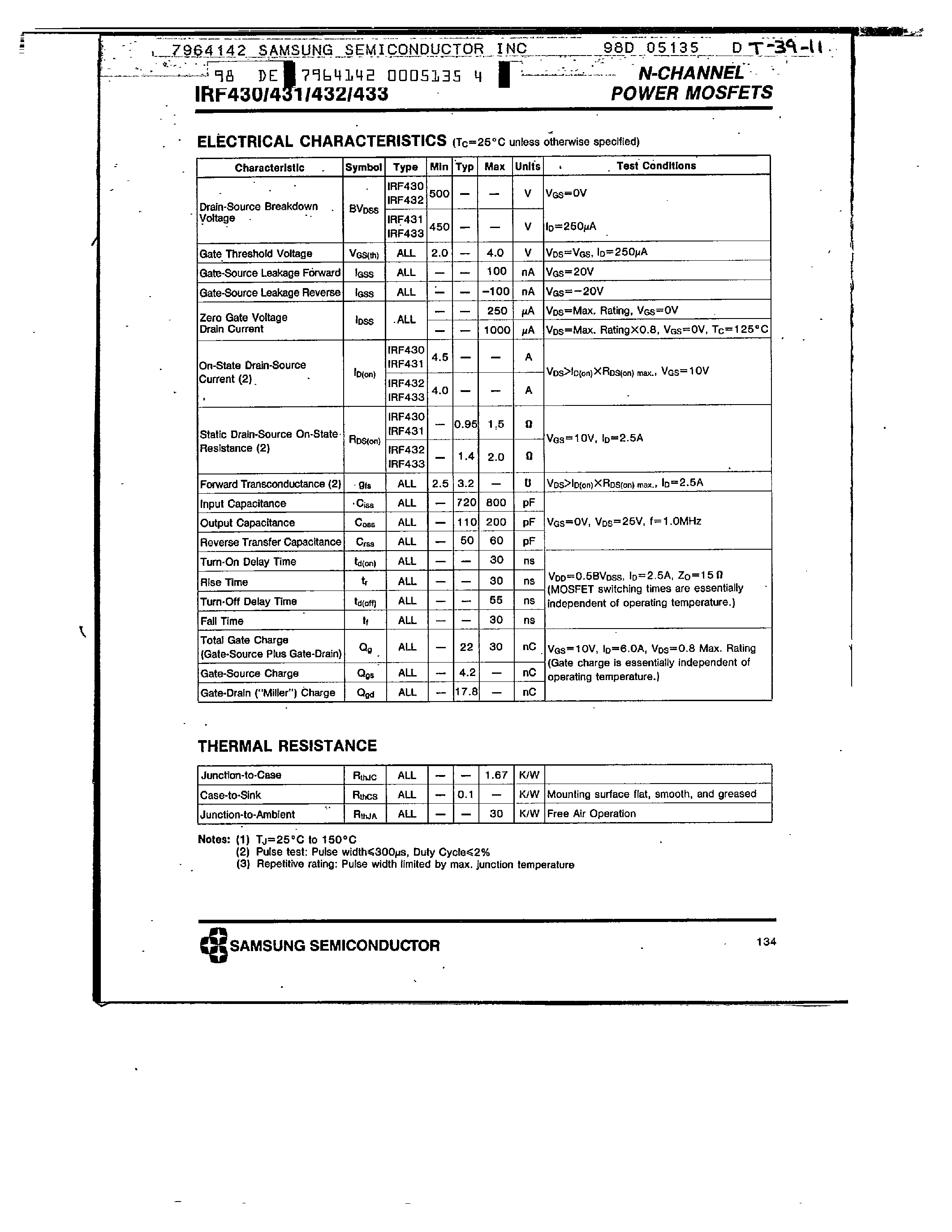 Datasheet IRF431 page 2 Datasheet IRF431 - N-CHANNEL POWER MOSFETS page 2