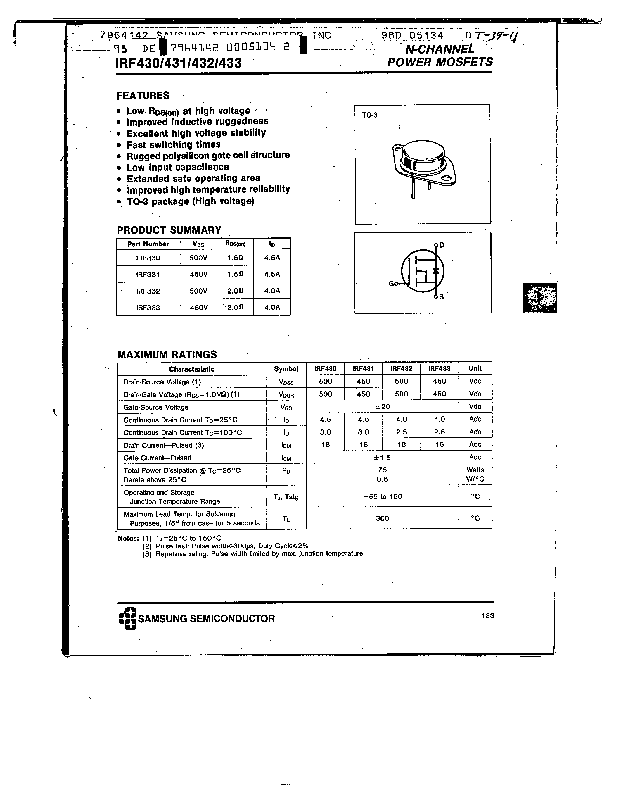 Datasheet IRF433 - N-CHANNEL POWER MOSFETS page 1