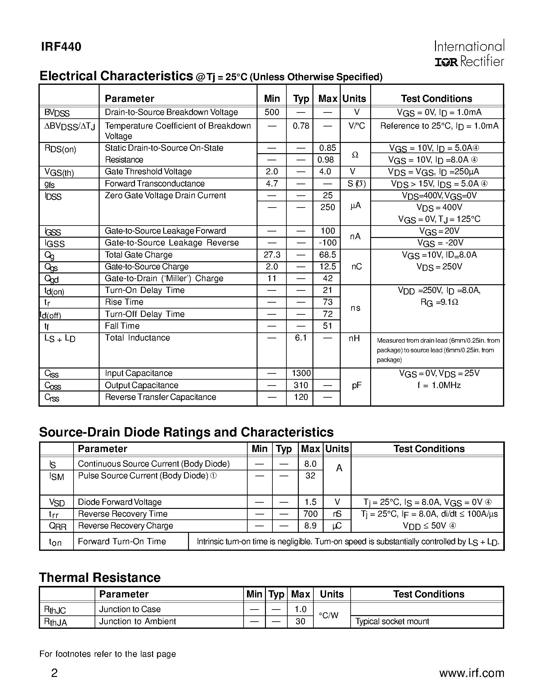 Datasheet IRF440 page 2 Datasheet IRF440 - TRANSISTORS N-CHANNEL(Vdss=500V/ Rds(on)=0.85ohm/ Id=8.0A) page 2