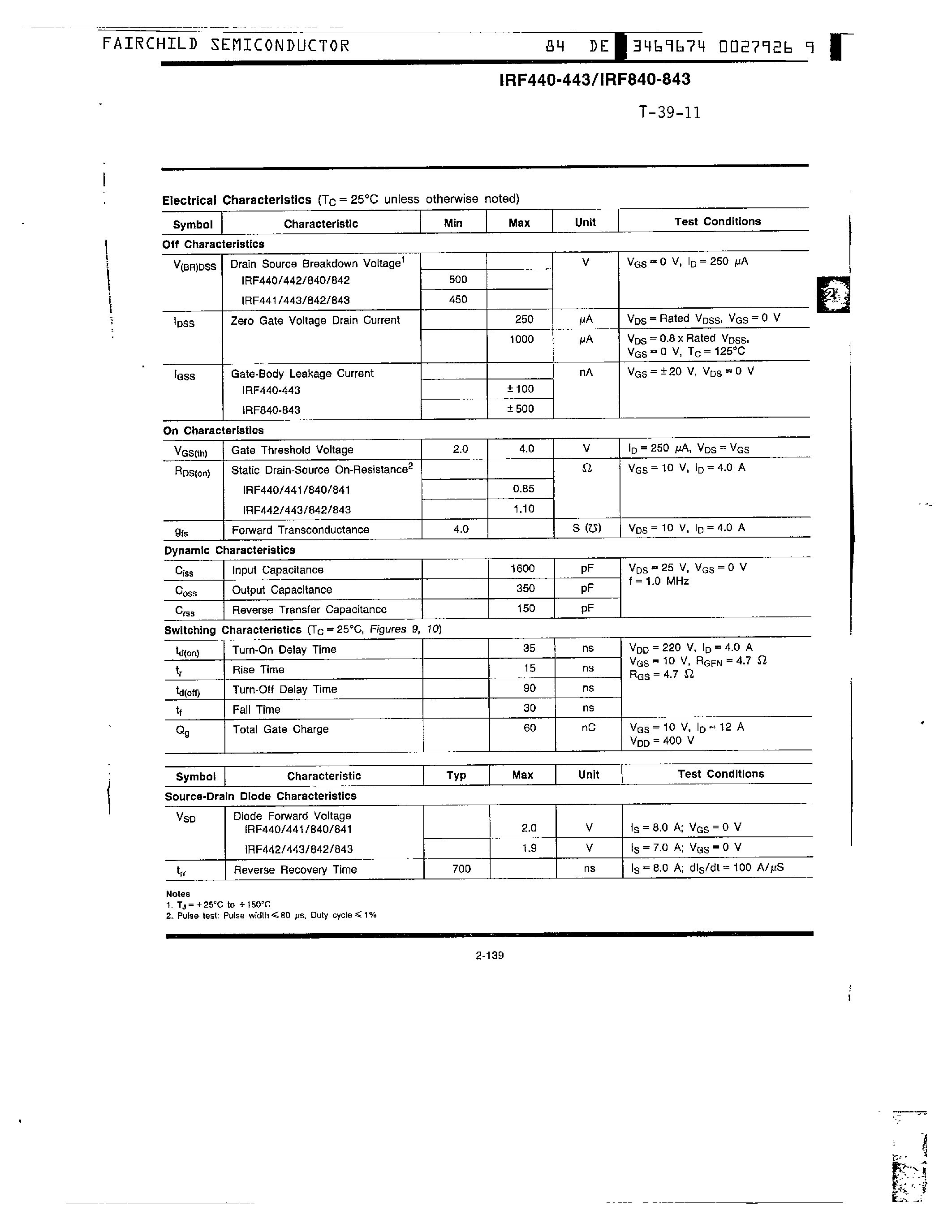 Datasheet IRF443 - N-Channel Power MOSFETs/ 8A/ 450 V/500V page 2