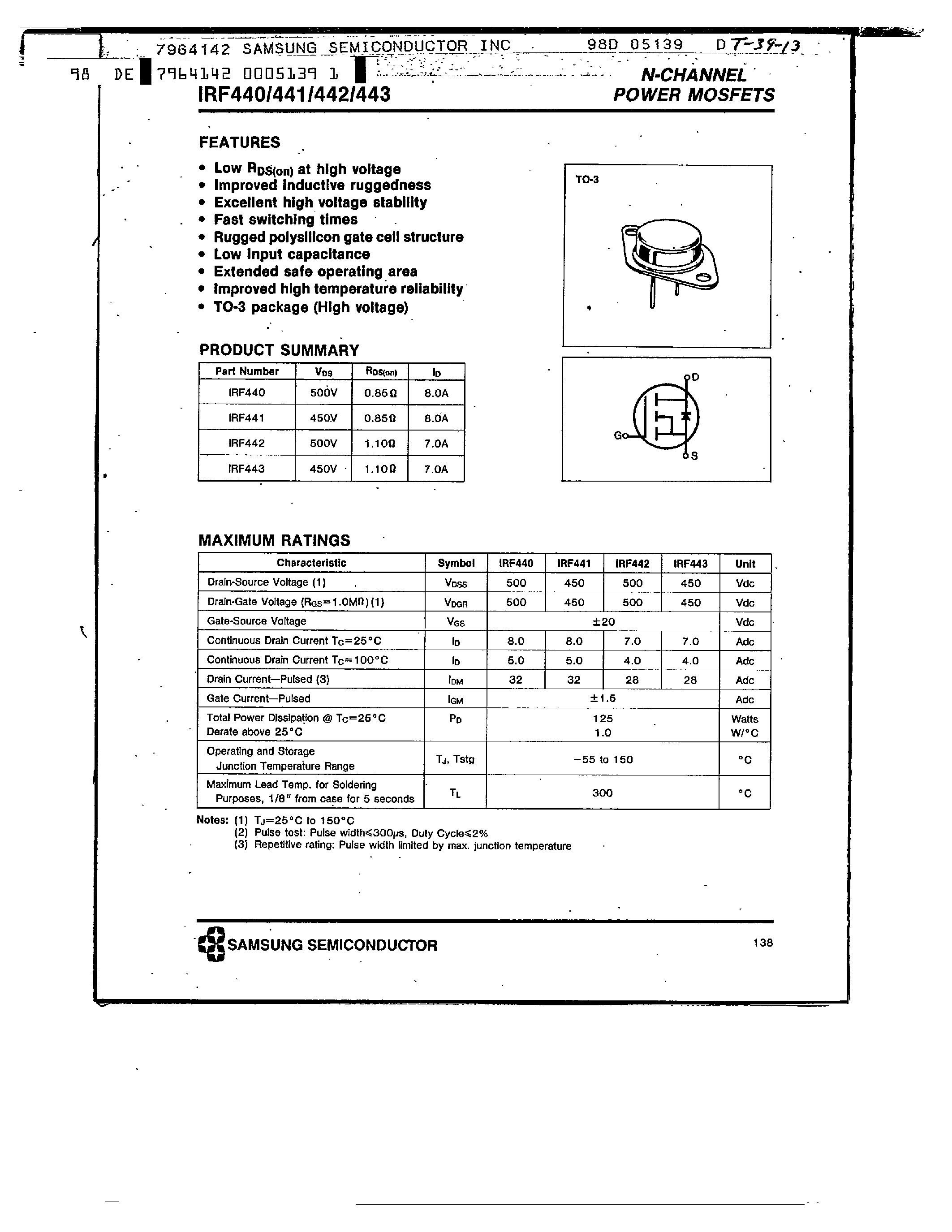 Datasheet IRF443 - N-CHANNEL POWER MOSFETS page 1