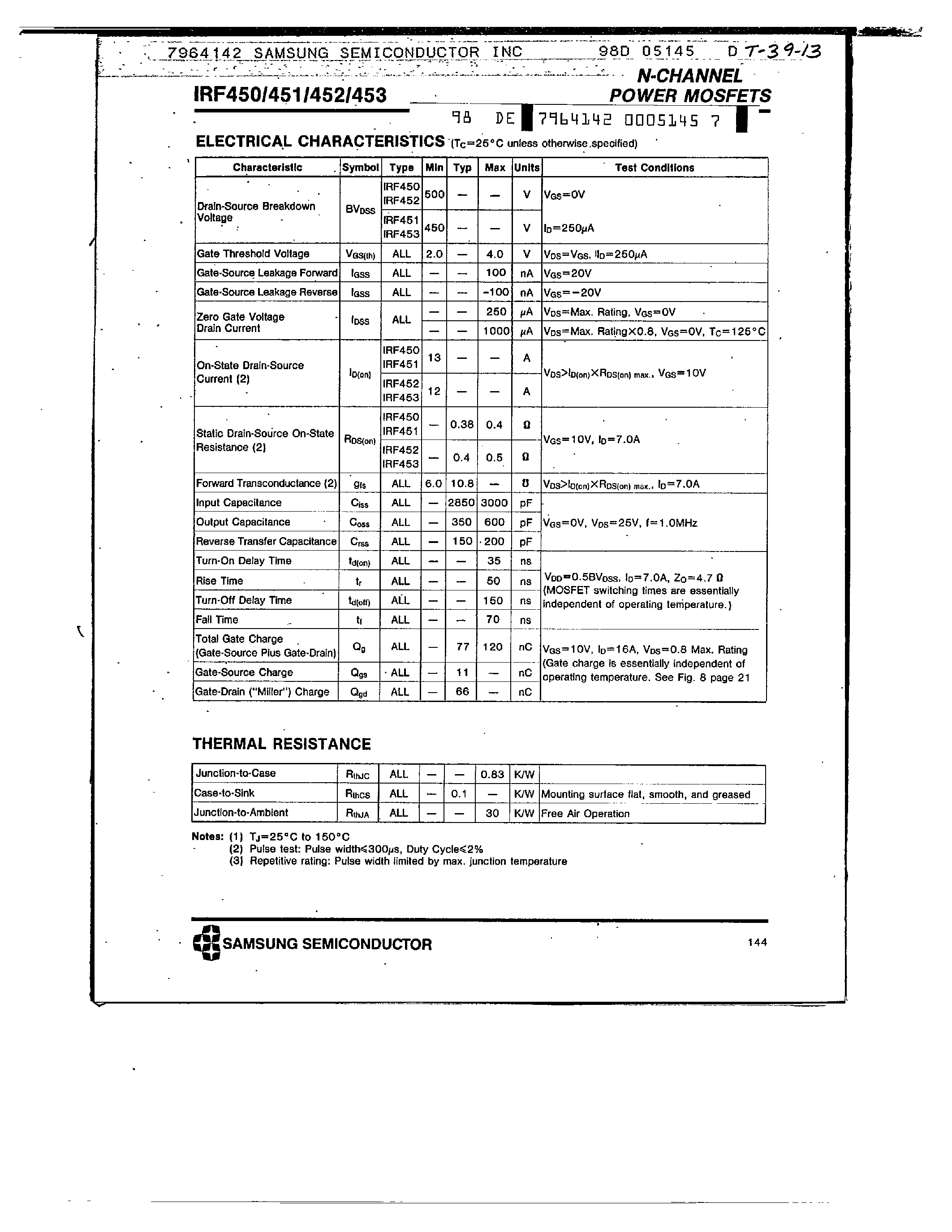 Datasheet IRF450 - N-CHANNEL POWER MOSFETS page 2