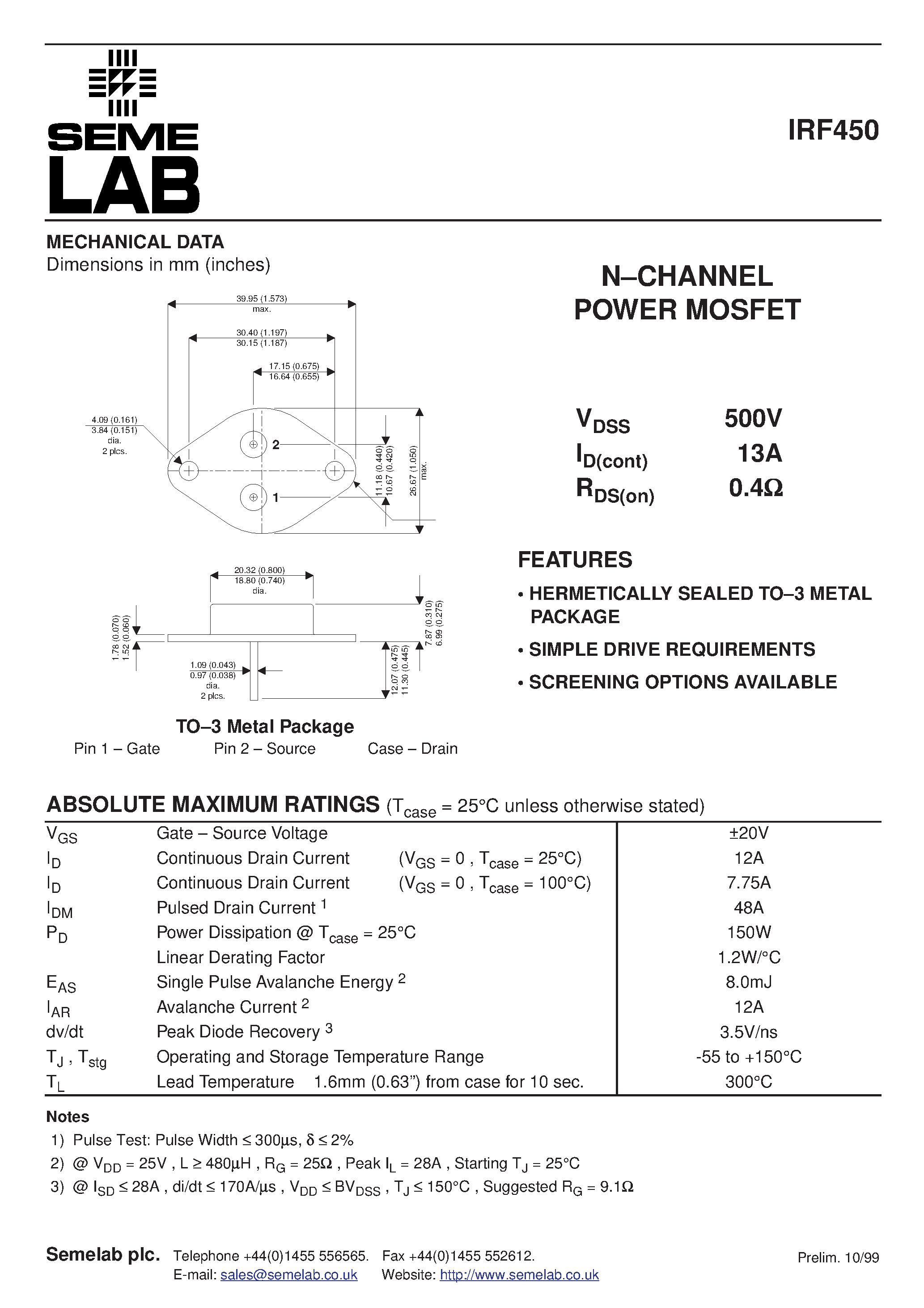 Datasheet IRF450 - N-CHANNEL POWER MOSFET page 1