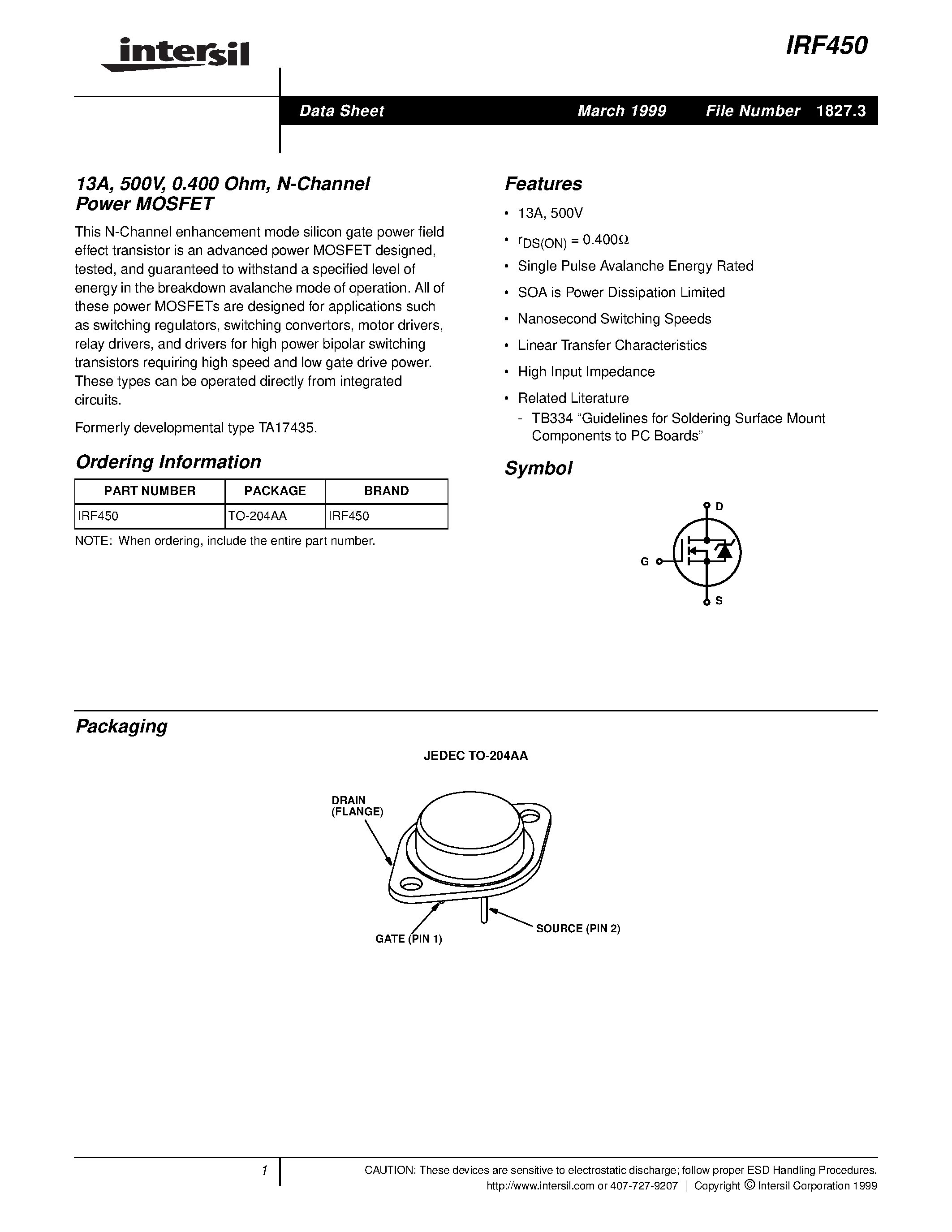 Datasheet IRF450 page 1 Datasheet IRF450 - 13A/ 500V/ 0.400 Ohm/ N-Channel Power MOSFET page 1